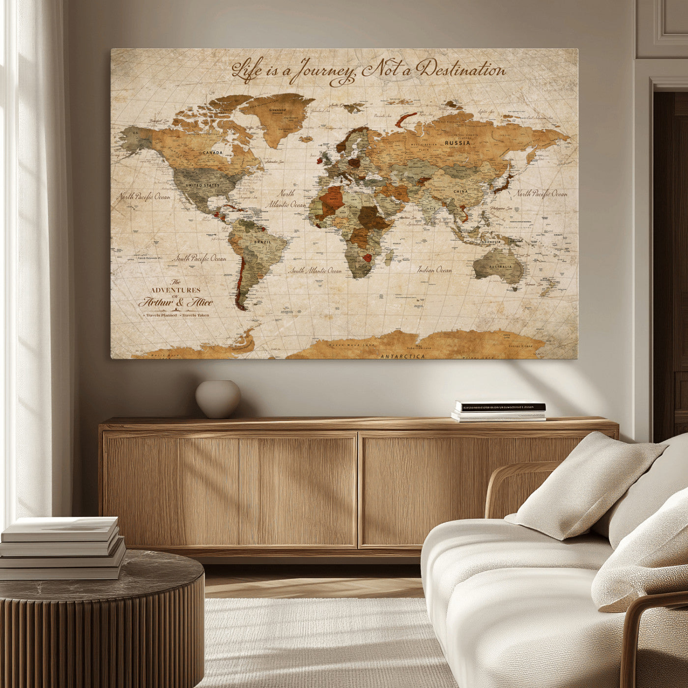 79036691-MGV-CV-36X24-Personalized World Map Canvas Wall Art – Custom Framed Push Pin Travel Tracker Print, Unique Gift for Home or Office Decor