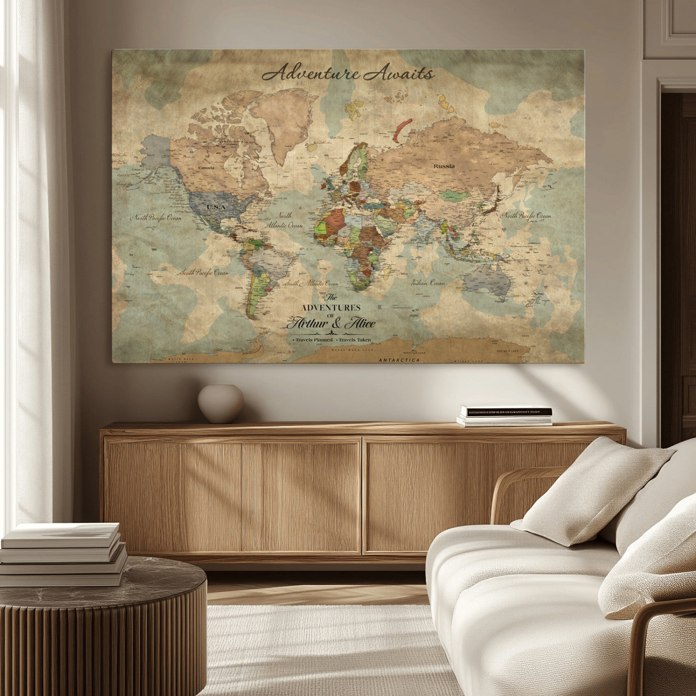 Rehber01-MGV-CV-36X24-Personalized Vintage World Map Canvas Print – Custom Push Pin Travel Map Antique Style Gift for Couples Travelers for Home Office
