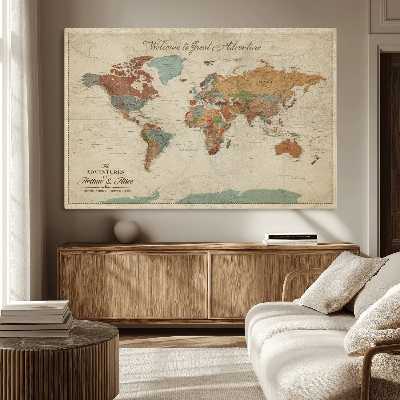 Rehber01-MGV-CV-36X24-Personalized Antique World Map Canvas Print – Custom Push Pin Travel Map Vintage Gift for Couples Explorers for Home, Office