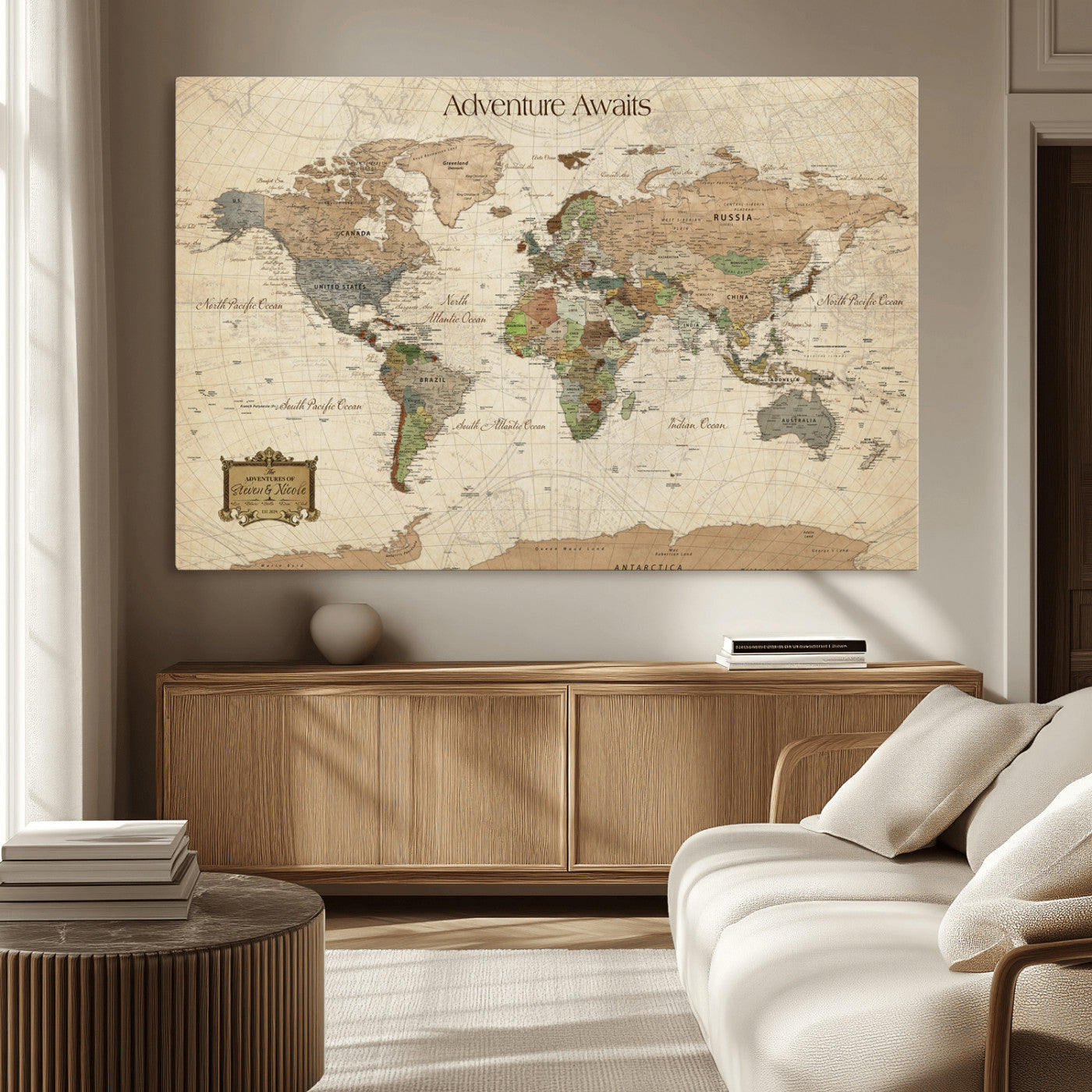 33020399-MGV-CV-36X24-Personalized World Map Canvas Print – Custom Push Pin Travel Tracker Map Anniversary Gift for Couples for Home, Office