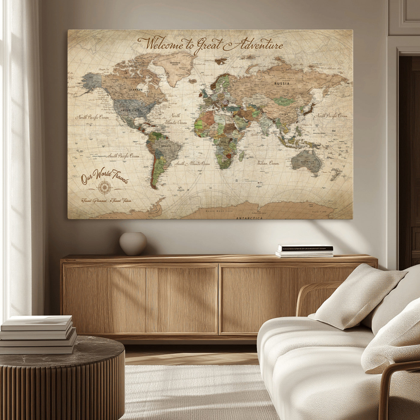 -Personalized Antique World Map Canvas Print – Custom Push Pin Travel Tracker Vintage Adventure Gift for Couples for Home, Office