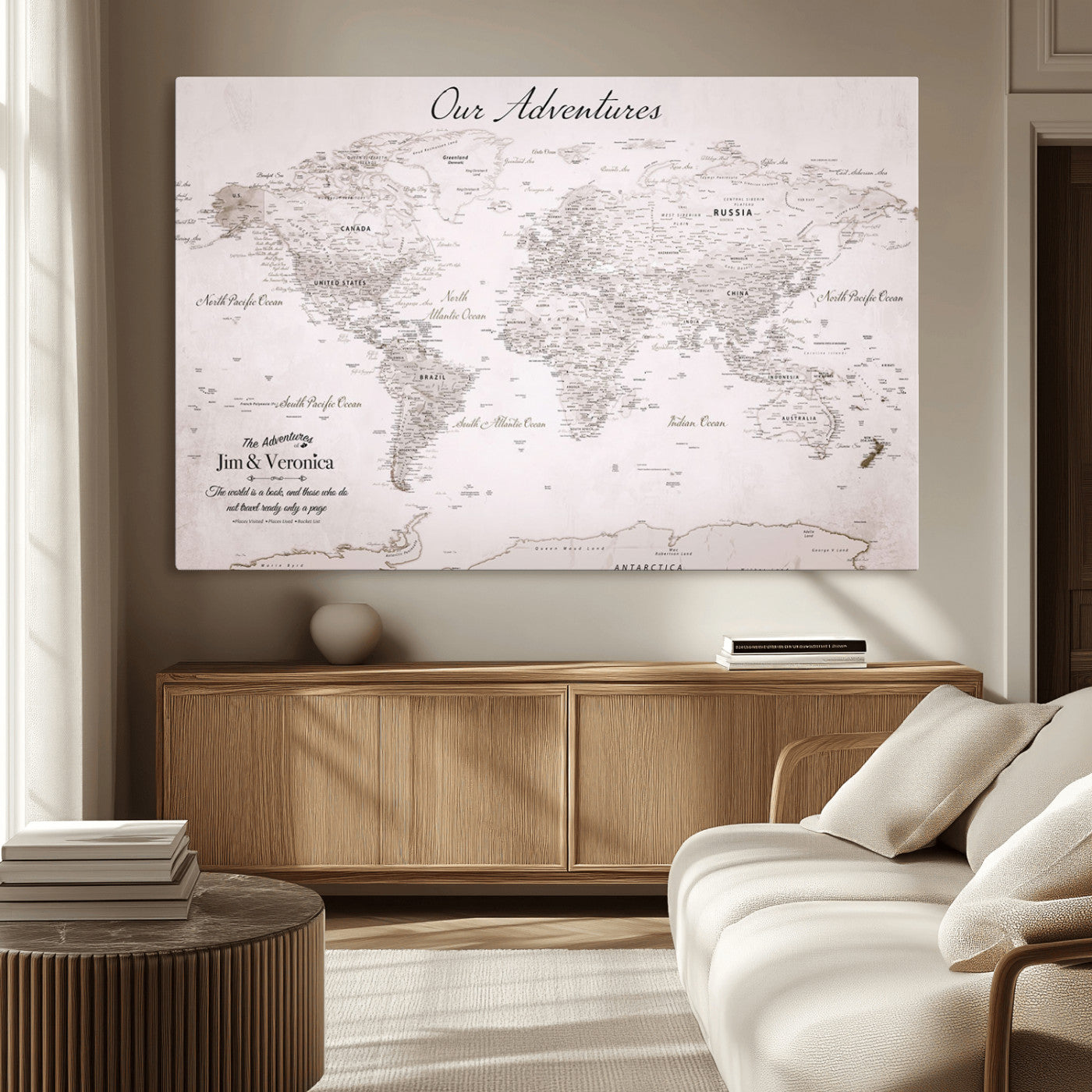 14561774-MGV-CV-36X24-Custom Push Pin World Map Wall Art – Personalized Travel Canvas Print with Foam Pins Framed Decor for Home, Office