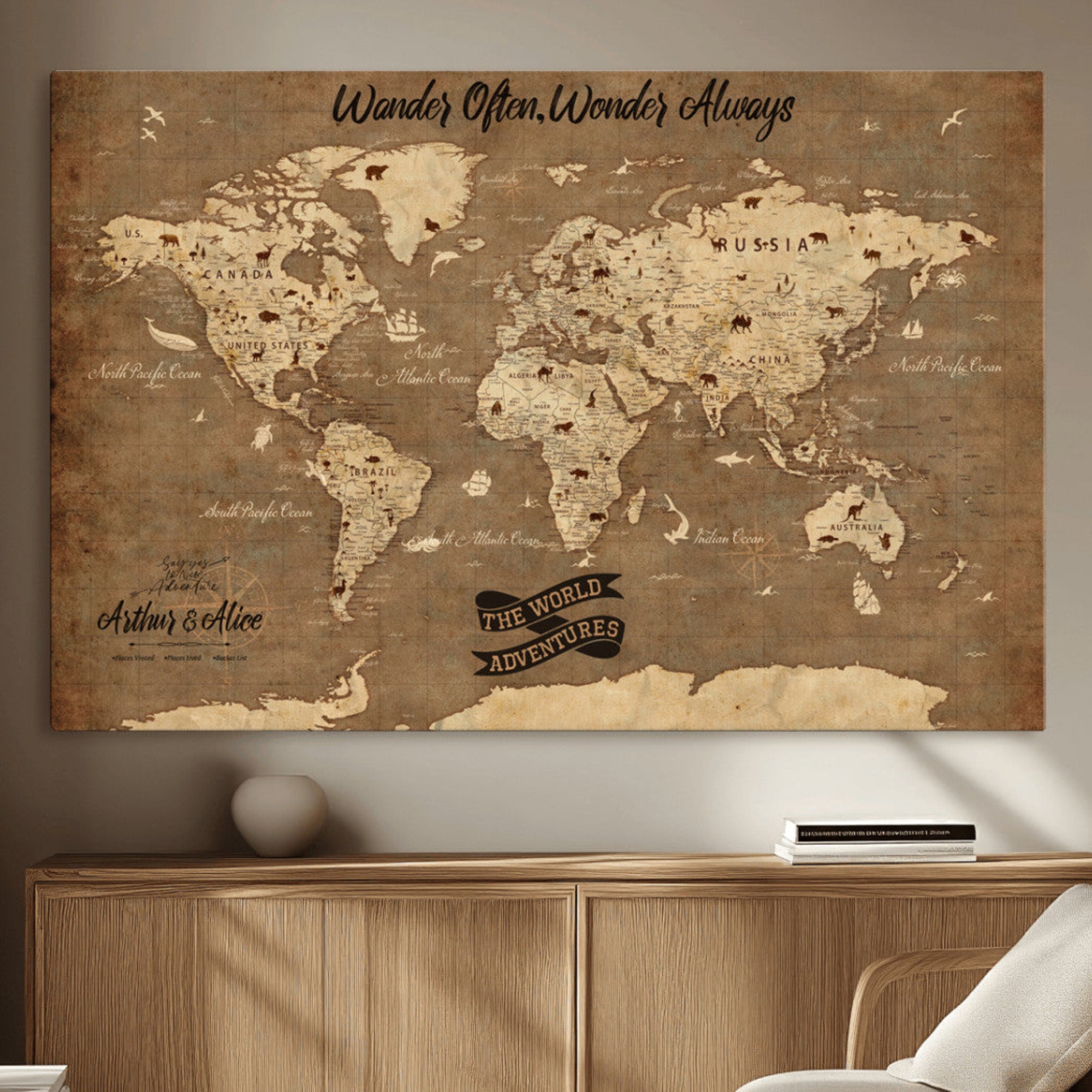 Rehber01-MGV-CV-36X24-Customize Push Pin World Map Wall Art Canvas Print – Personalized Kids Room Framed Map Adventure Travel for home, office