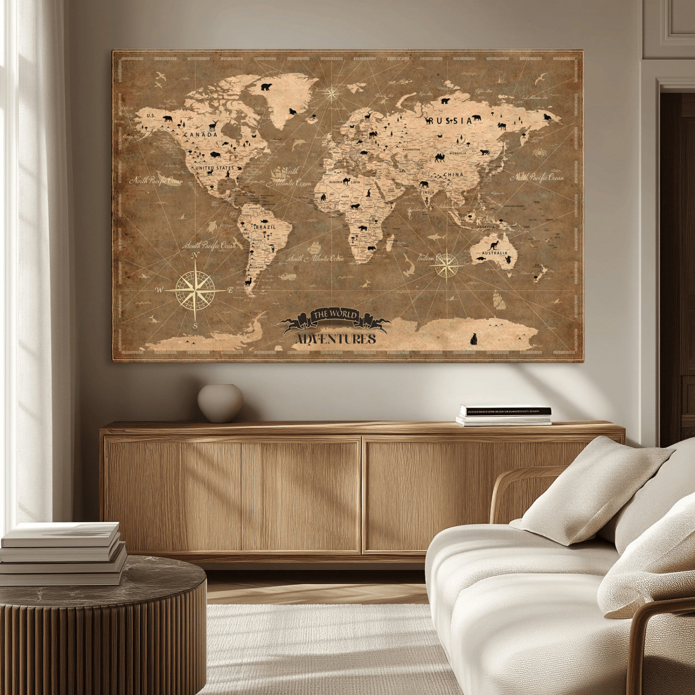 Rehber01-MGV-CV-36X24-Customize Push Pin World Map Wall Art Canvas Print – Personalized Kids Room Framed Map Travel Tracker for home, office