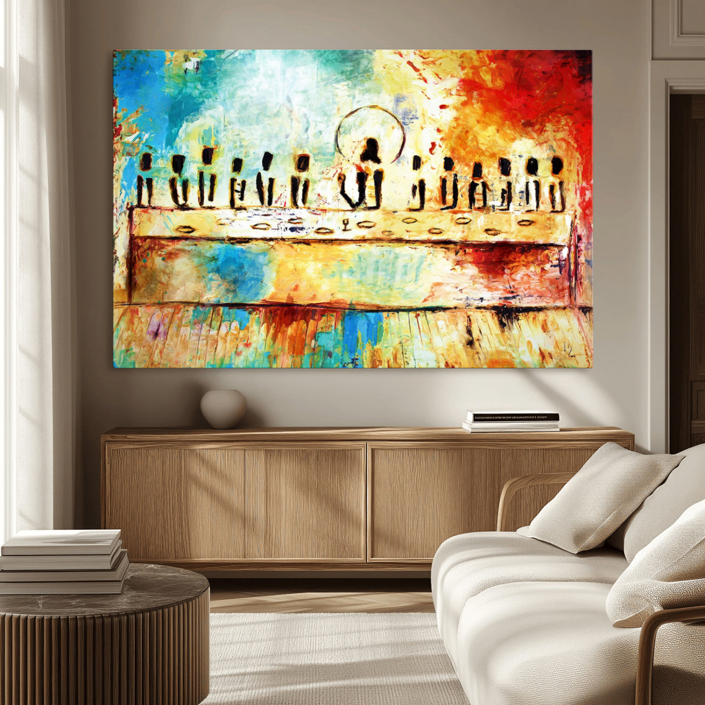 68892000-MGV-CV-36X24-Abstract Last Supper Art Print – Vibrant Contemporary Jesus and Disciples Modern Canvas Painting Artwork for Home Office