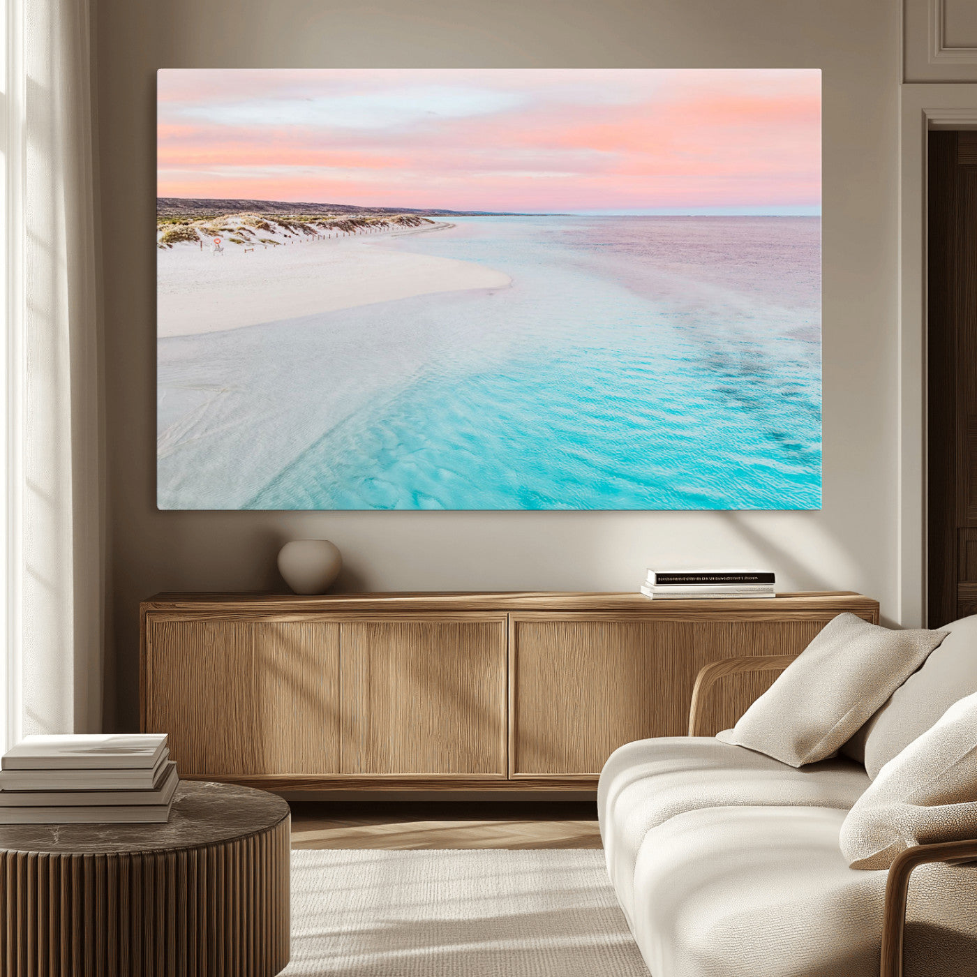41613614-MGV-CV-36X24-Serene Pastel Beach Wall Art Canvas Print, Tranquil Coastal Sunset with Soft Ocean Hues Artwork for Home, Office