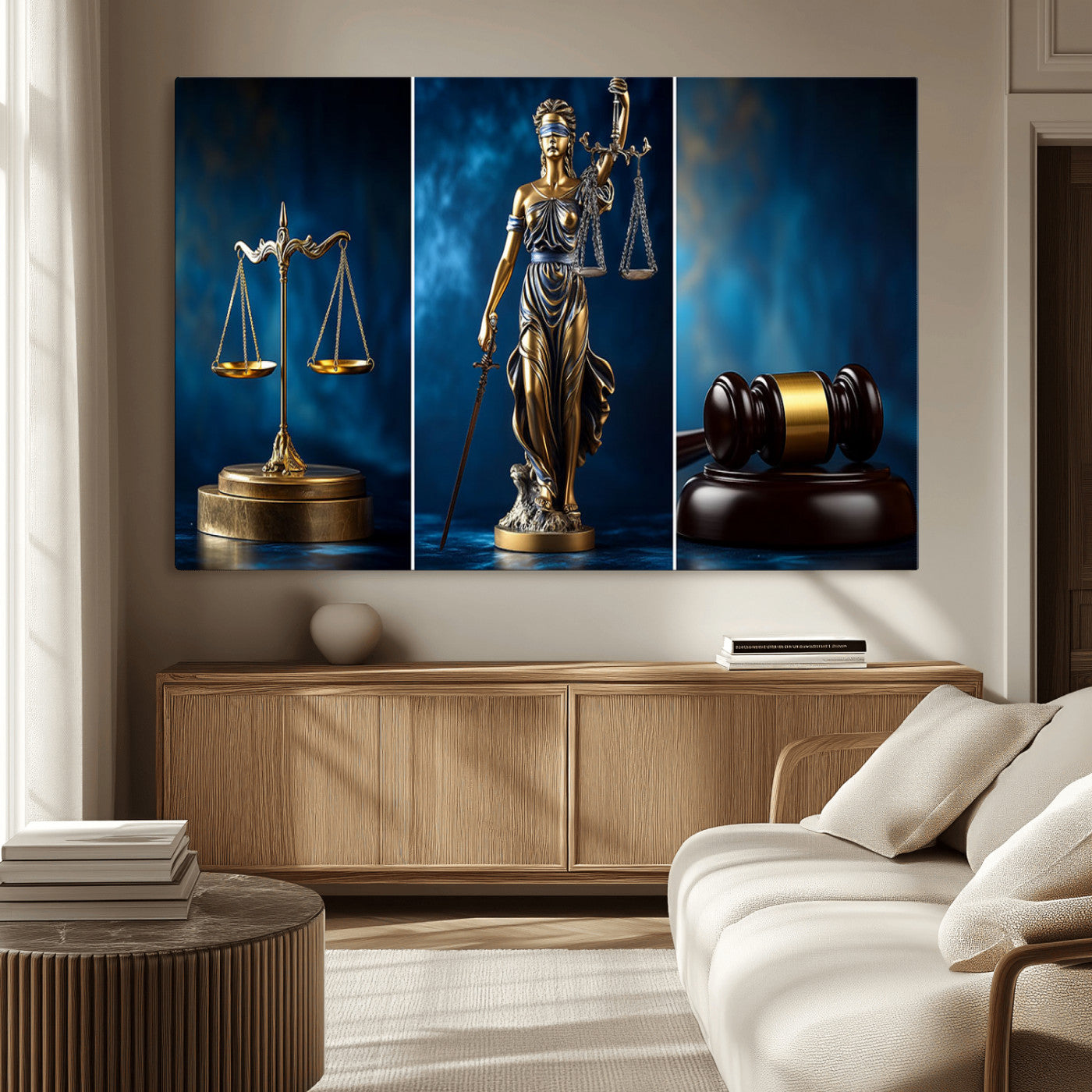 87750525-MGV-CV-36X24-Justice Scales Statue Wall Art, Lady Justice Sculpture Canvas Print, Legal Law Decor, Courtroom