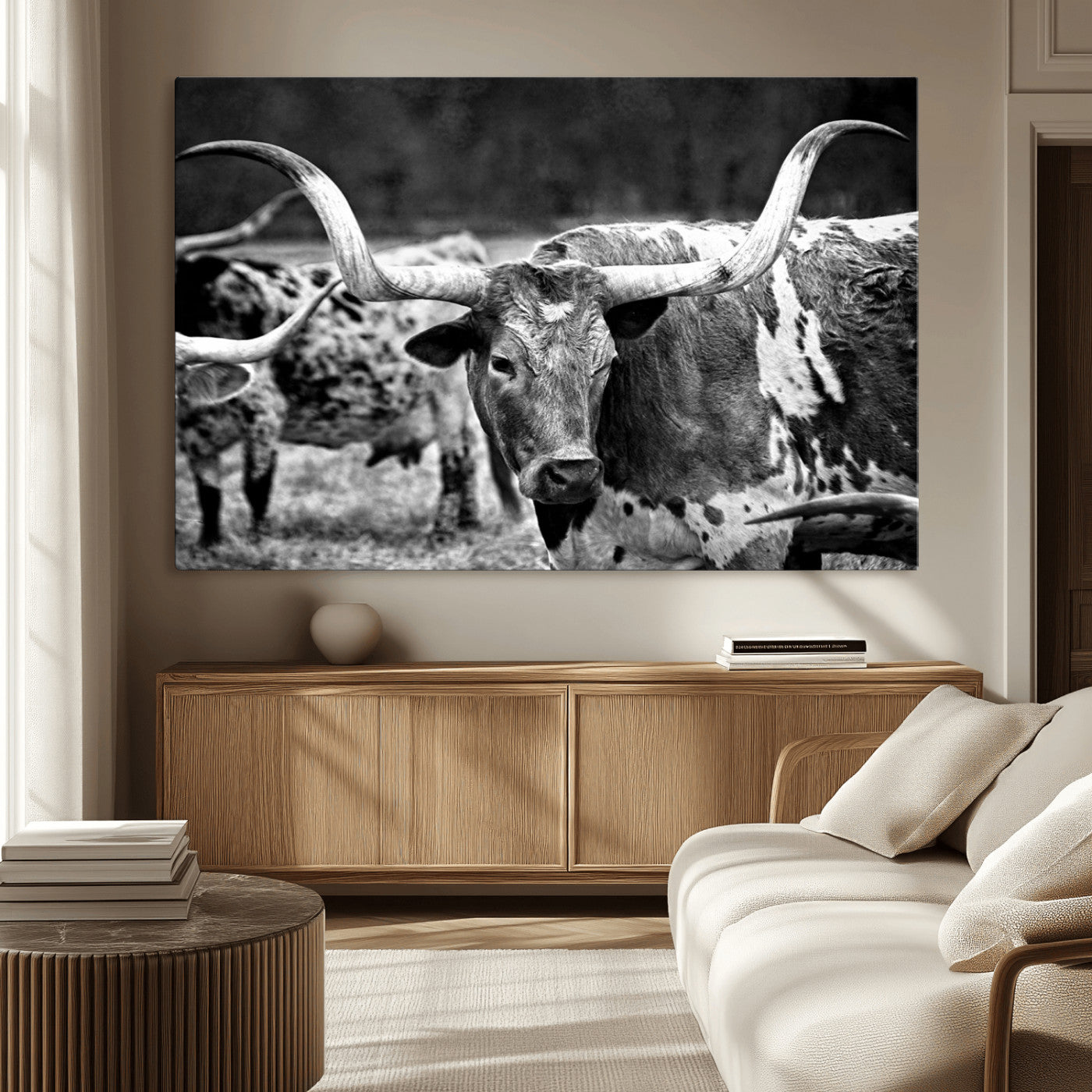 15425553-MGV-CV-36X24-Black & White Longhorn Cattle Wall Art Canvas Print, Rustic Farmhouse Western Design Artwork for Home, Office