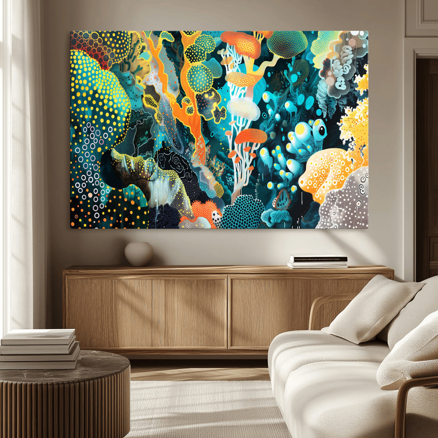 Colorful abstract coral reef scene featuring vibrant underwater plants, marine patterns, and fluid organic shapes – Wall Art Canvas Print.