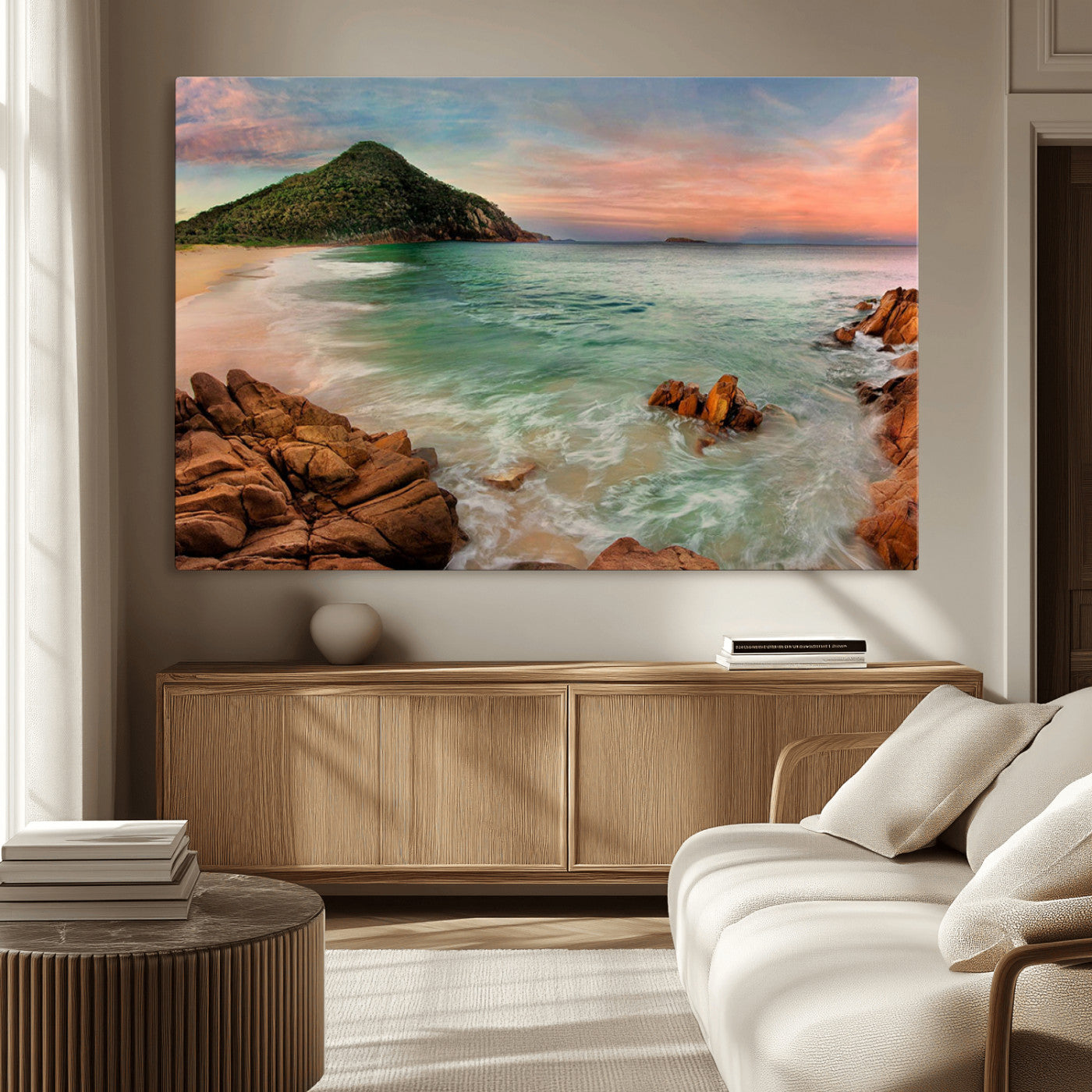 53831025-MGV-CV-36X24-Stunning Coastal Landscape with Rocky Shore and Green Hills at Sunset – Beautiful Ocean View Wall Art Canvas Print for Serene Home Decor.