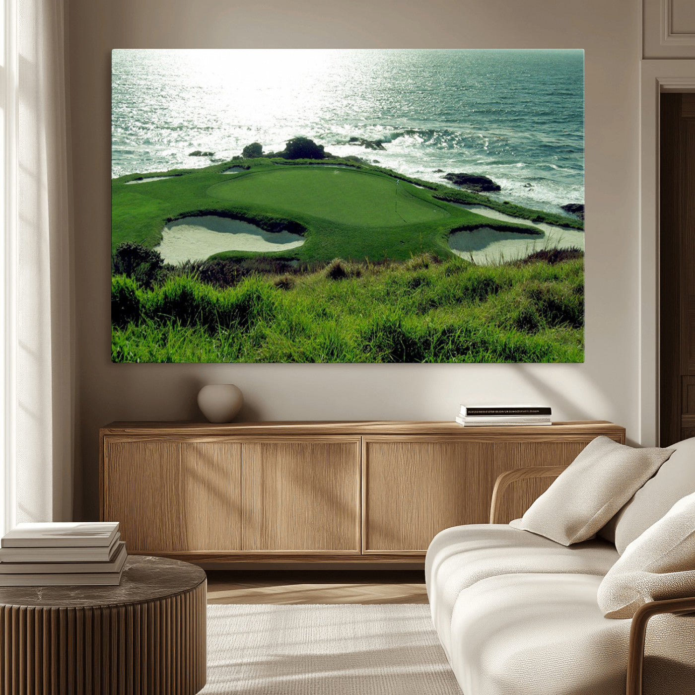 -Coastal Golf Course Wall Art Canvas Print – Scenic Green Surrounded by Sand Bunkers and Ocean Waves Artwork for Home, Office