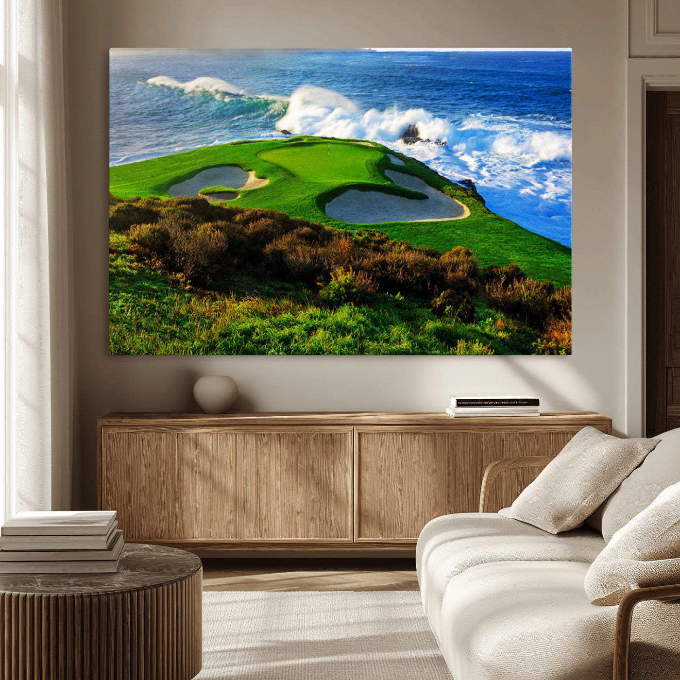 34181847-MGV-CV-36X24-Coastal Golf Course Wall Art Canvas Print – Vibrant Green with Sand Bunkers Overlooking Ocean Waves Artwork for Home, Office