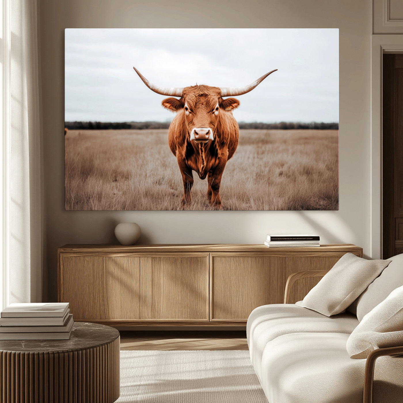 16316734-MGV-CV-36X24 - Longhorn bull, open field, rustic charm, natural beauty, Wall Art Canvas Print, countryside,
