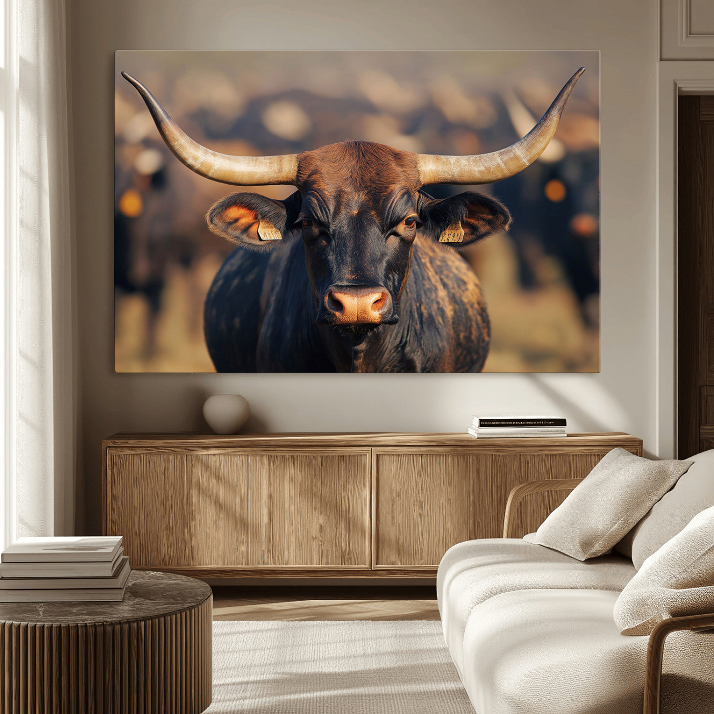 -Majestic bull head close-up, long curved horns, detailed fur texture, warm sunlight, focused gaze,