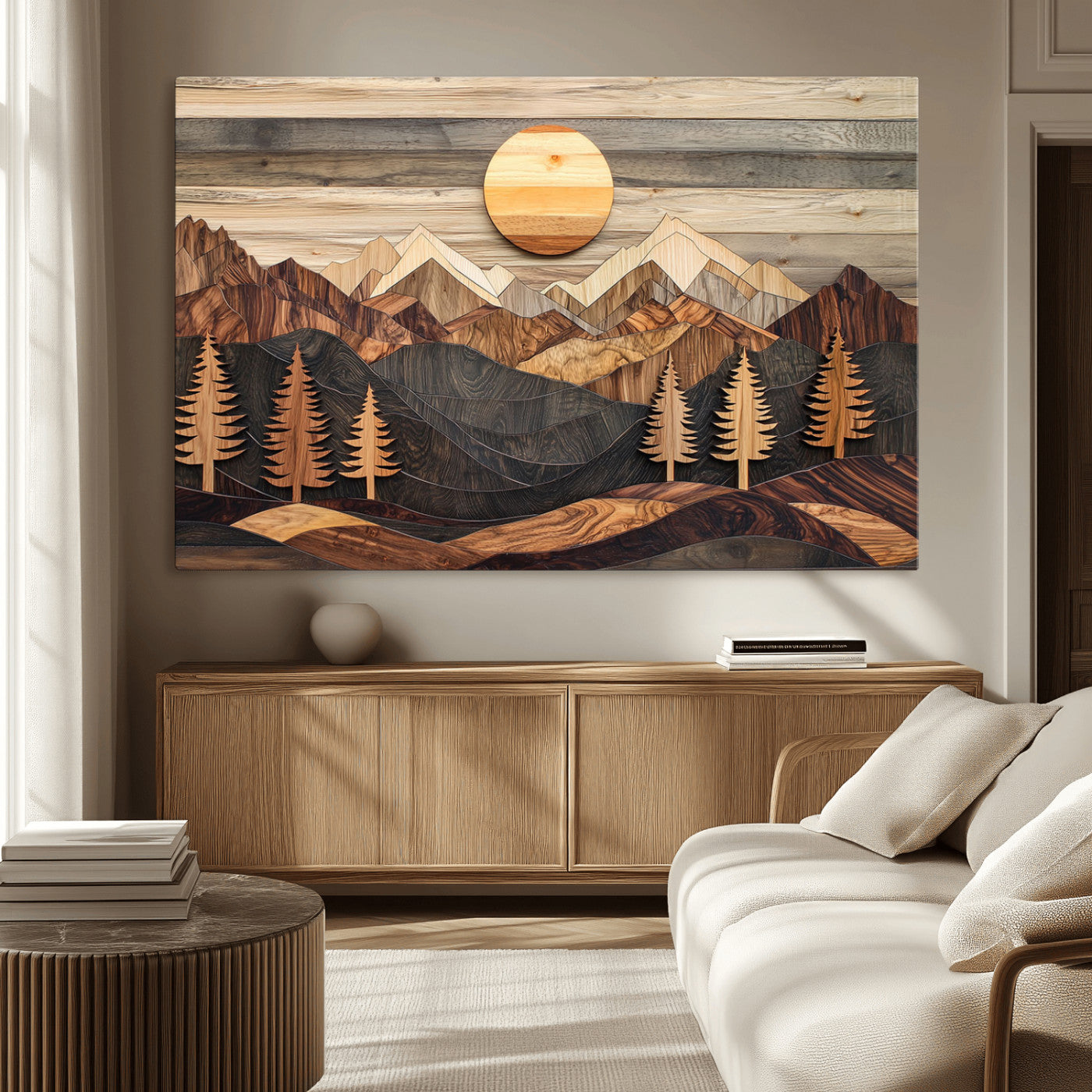 19832326-MGV-CV-36X24 - Wooden Mountain Landscape Layered Texture Geometric Shapes Sun Pine Trees Rustic Natural Tones Art