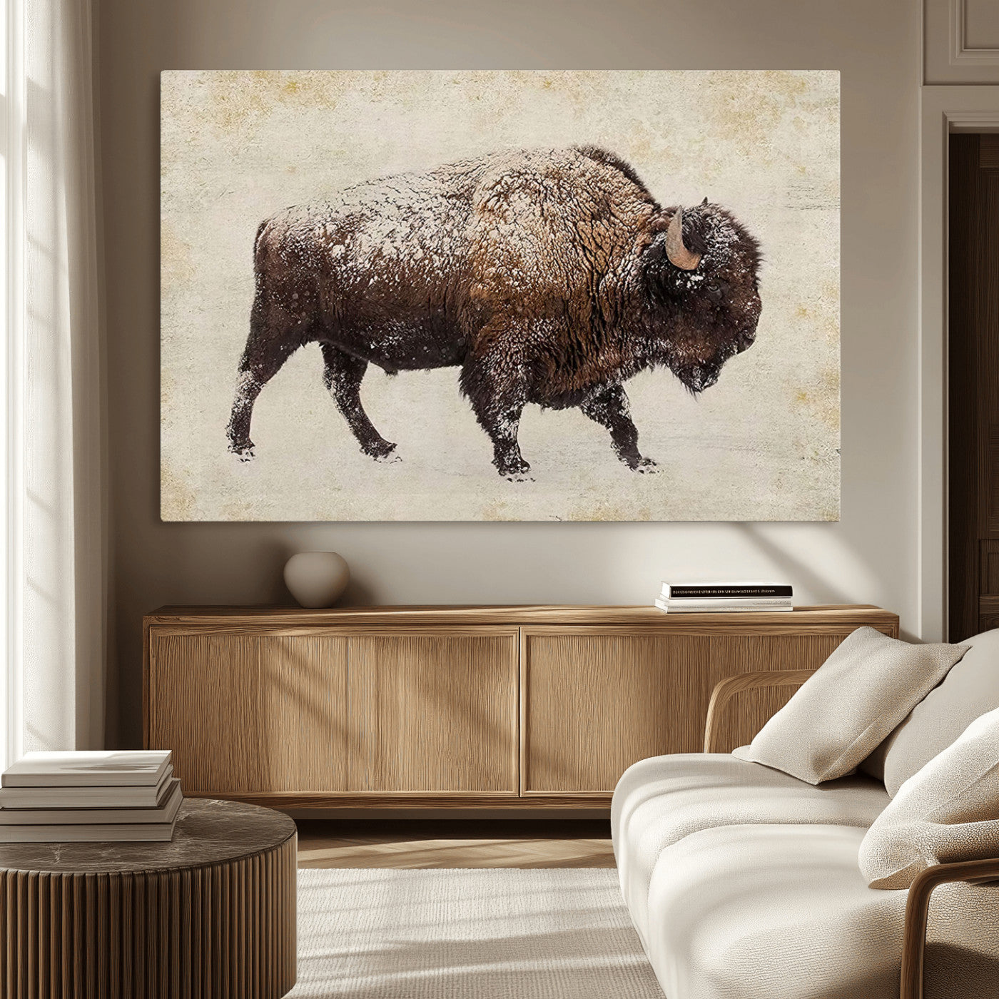 -Snow-dusted bison silhouette textured vintage style rugged wildlife art with neutral tones perfect