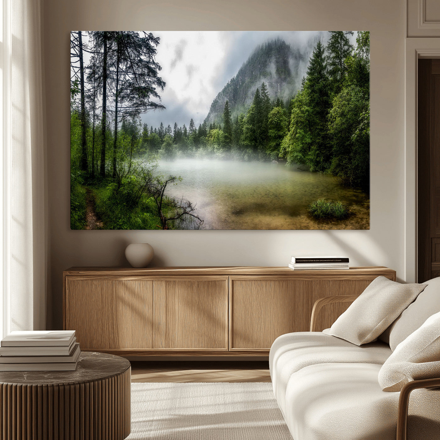 93123937-MGV-CV-36X24-Misty Lake Forest Green Trees Calm Water Reflection Mountain Fog Nature Landscape Outdoor Scenic Beauty Wall Art Canvas Print