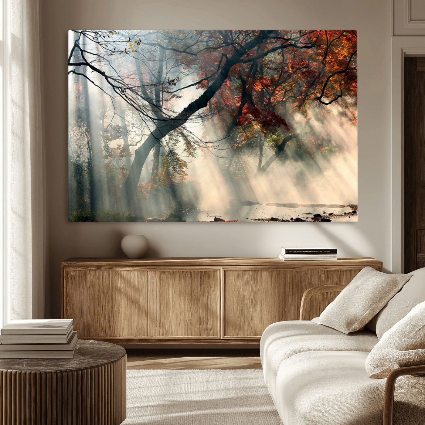 36043878-MGV-CV-36X24-Sunlit Autumn Forest Wall Art Canvas Print – Framed Mist Trees Scene with Peaceful Rays Artwork for Home, Office