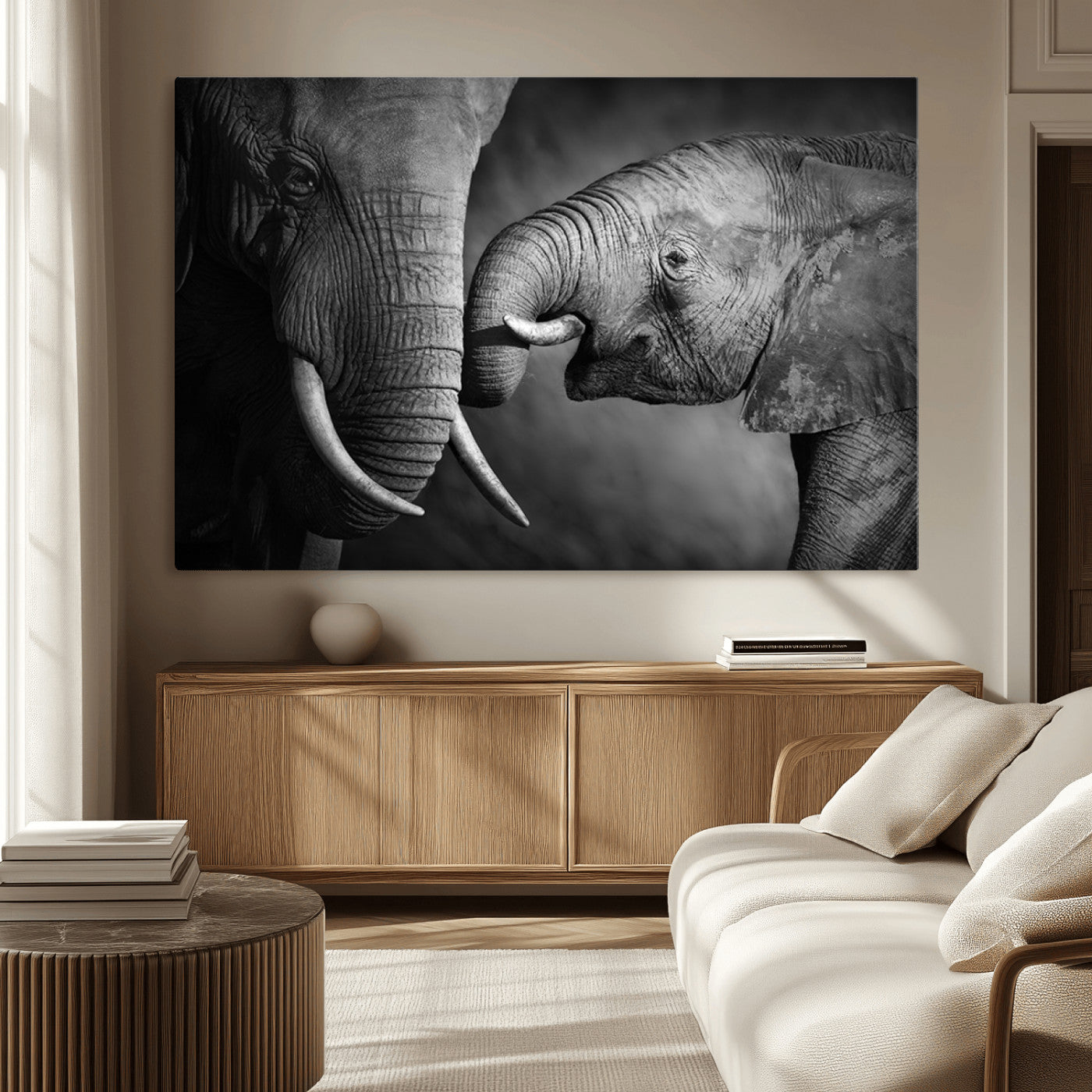 -Elephant Family Wall Art Canvas, Framed Elephant Family Canvas Print