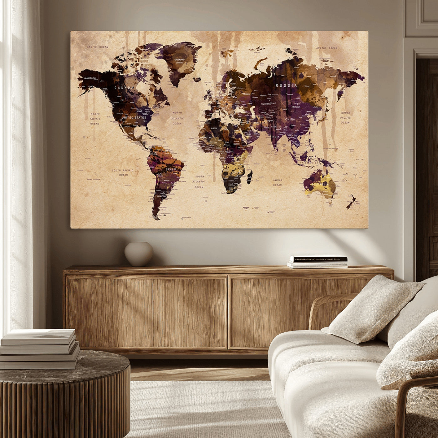 -Vintage World Map Canvas Wall Art – Framed Push Pin Travel Map for Home and Office Decor