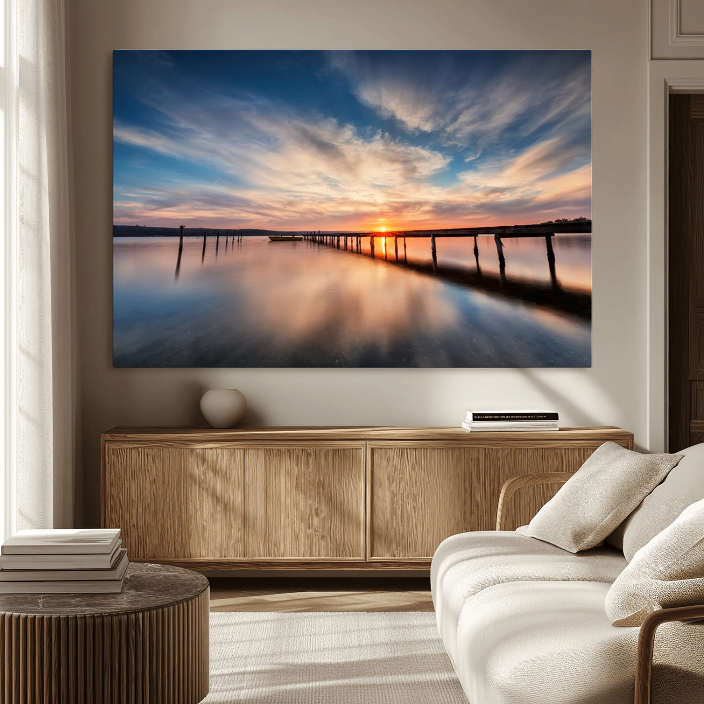 39967-MGV-CV-36X24-Wooden Pier on Seascape and Sunset Wall Art Canvas Print