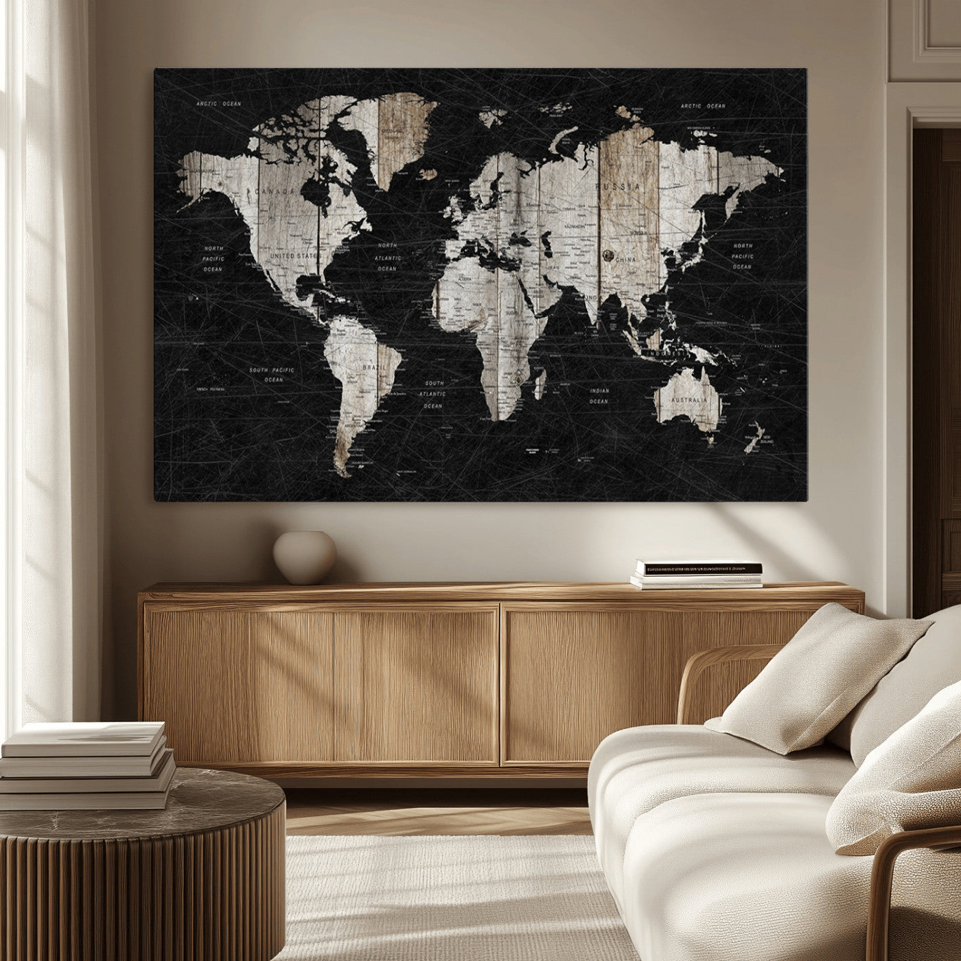 89998-MGV-CV-36X24-Rustic Black and Wood World Map Canvas Wall Art – Framed Push Pin Travel Map for Home and Office Decor, Modern Vintage Wall Artwork