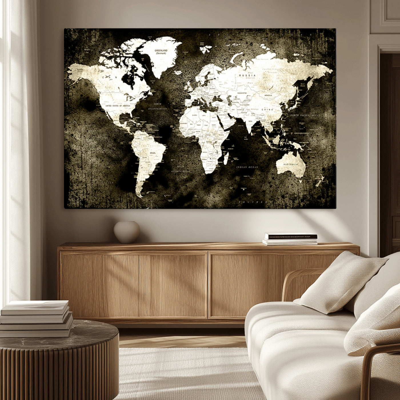 66737-MGV-CV-36X24-Vintage World Map Canvas Wall Art – Framed Push Pin Travel Map for Home and Office Decor, Rustic Wall Artwork for Travelers