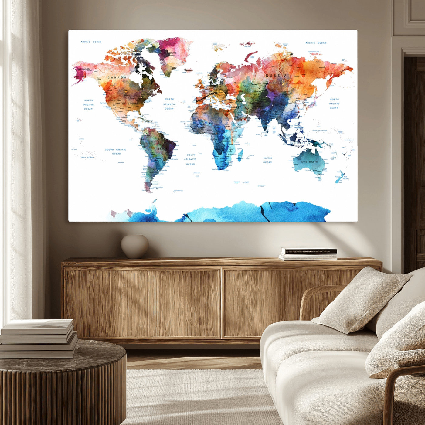 11576-MGV-CV-36X24-Vibrant Watercolor World Map Canvas Wall Art – Framed Push Pin Travel Map for Home and Office Decor, Modern Colorful Wall Artwork