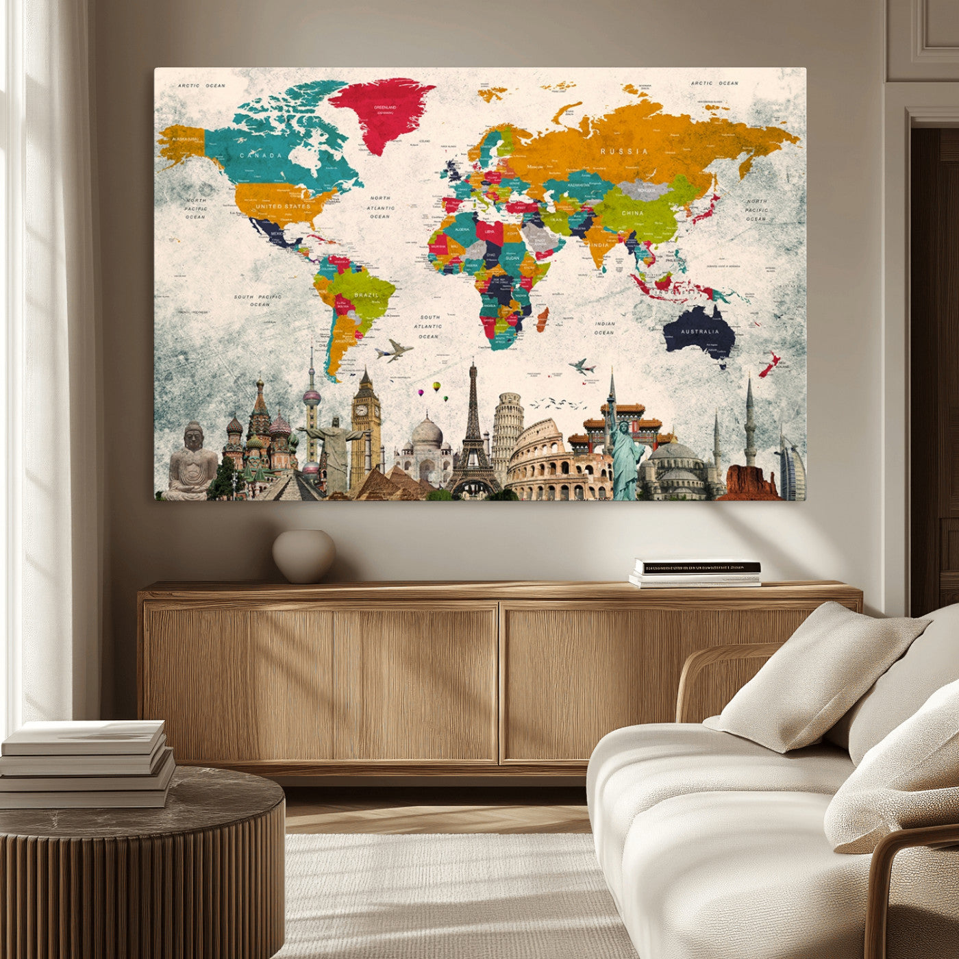 98056-MGV-CV-36X24-Colorful World Map Canvas Wall Art with Landmarks – Framed Travel Map Print for Home and Office Decor, Perfect Gift for Travel Lovers