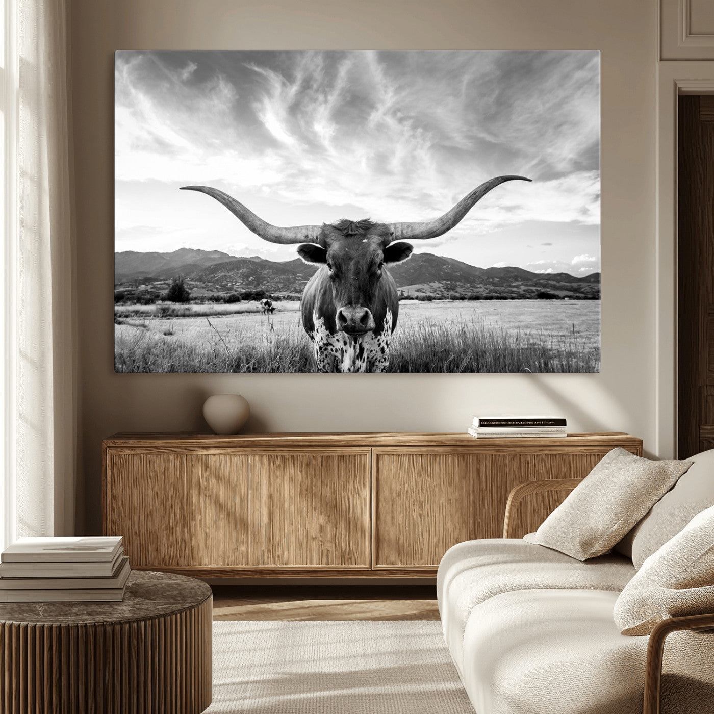 79527-MGV-CV-36X24-Longhorn Black and White Wall Art – Rustic Western Bull Canvas Print, Farmhouse Country Decor for Living Room, Office or Ranch, Cowboy Wall Artwork