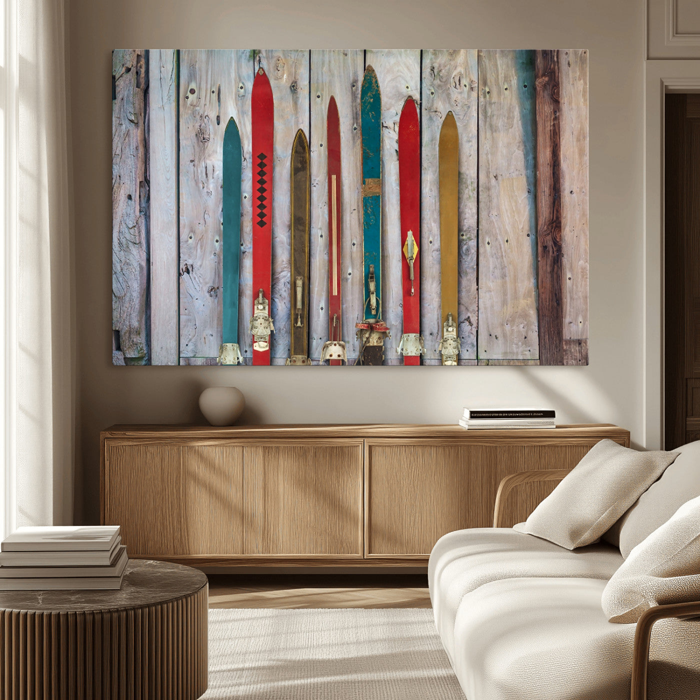 -Vintage Wooden Weathered Ski's in Front of an Old Barn Wall Art Canvas Print for Farmhouse, Cabin