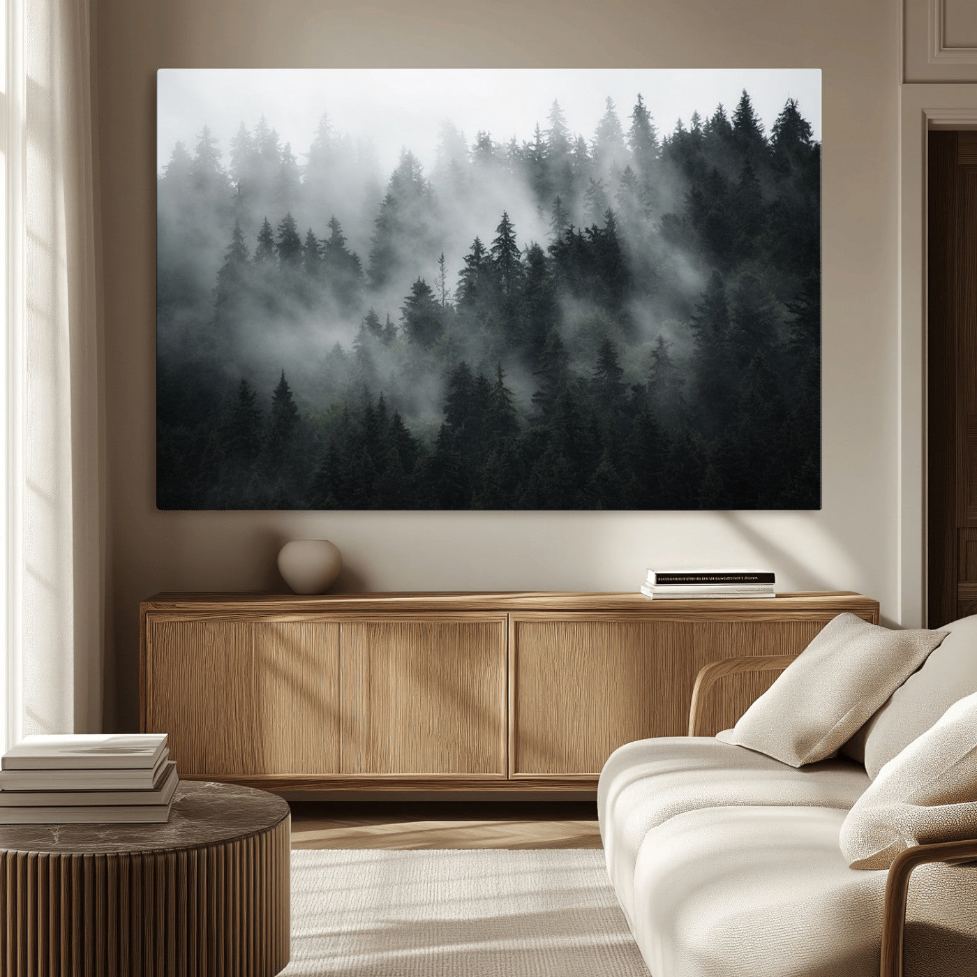 52359-MGV-CV-36X24-Foggy Forest Wall Art Canvas Print | 3 Panel Large Misty Landscape for Dining Room, Office, or