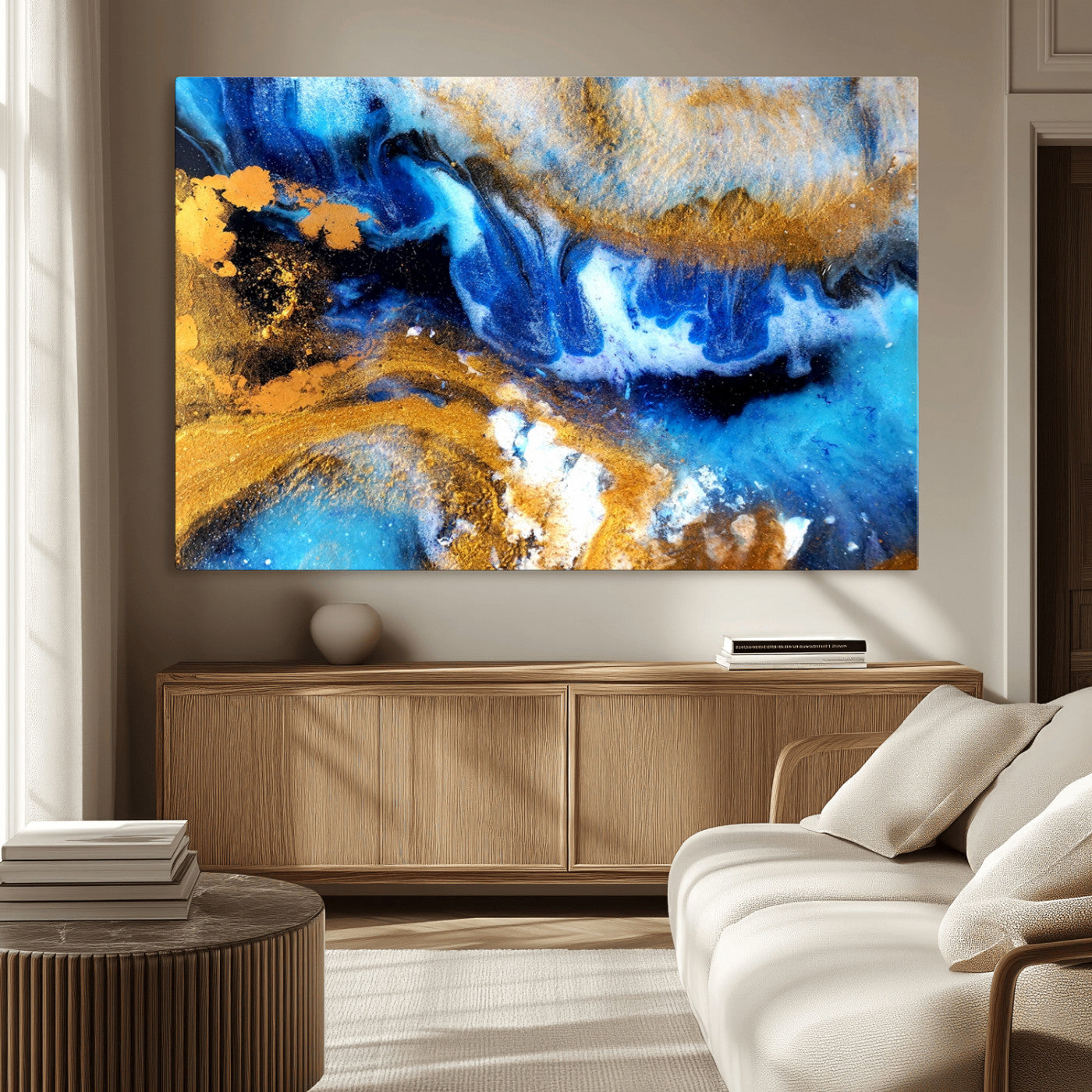 42100-MGV-CV-36X24-Blue Orange Marble Fluid Effect Canvas Wall Art Print