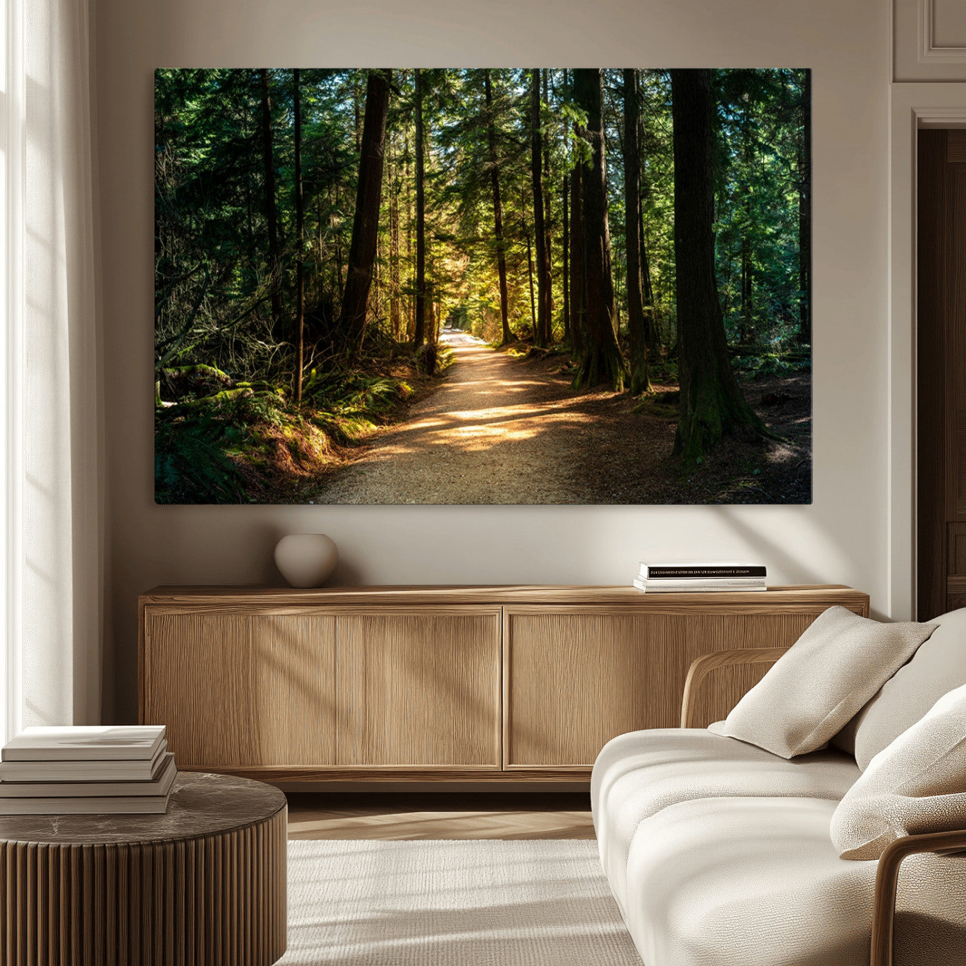 51762-MGV-CV-36X24-Sunlit Forest Pathway Canvas Print | 3 Panel Large Nature Wall Art for Living Room, Office, or