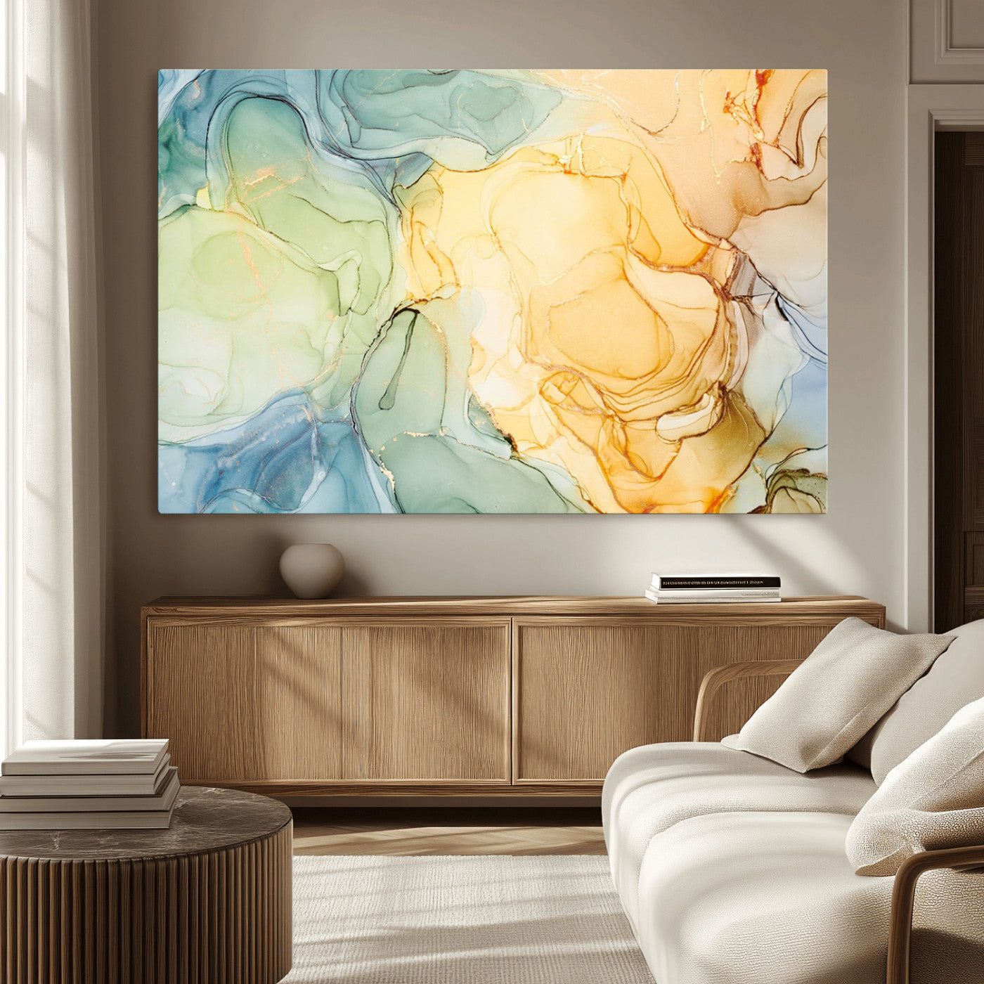 42195-MGV-CV-36X24-Green and Yellow Marble Fluid Effect Wall Art, Green and Yellow Marble Canvas Wall Art Print