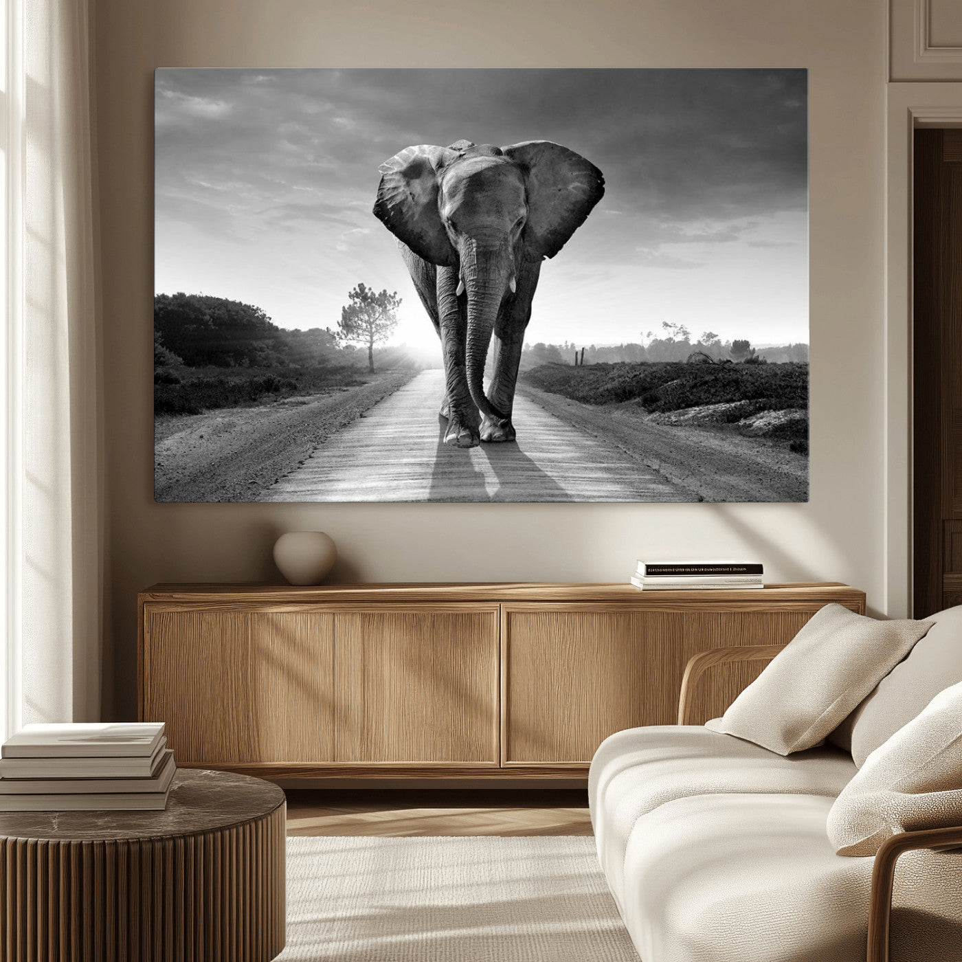 -Black and White Elephant Wall Art Canvas Print