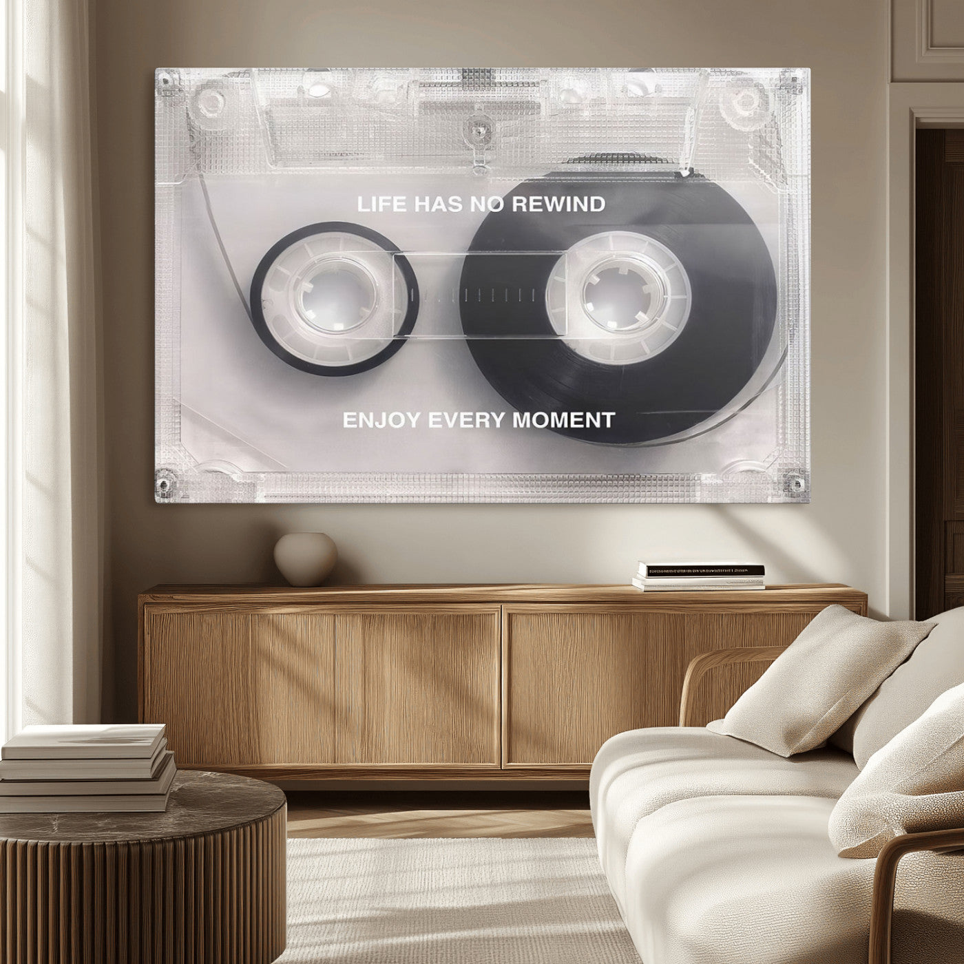 -Vintage Cassette Tape Canvas Wall Art - Inspirational 'Life Has No Rewind' Quote, Retro Music Decor