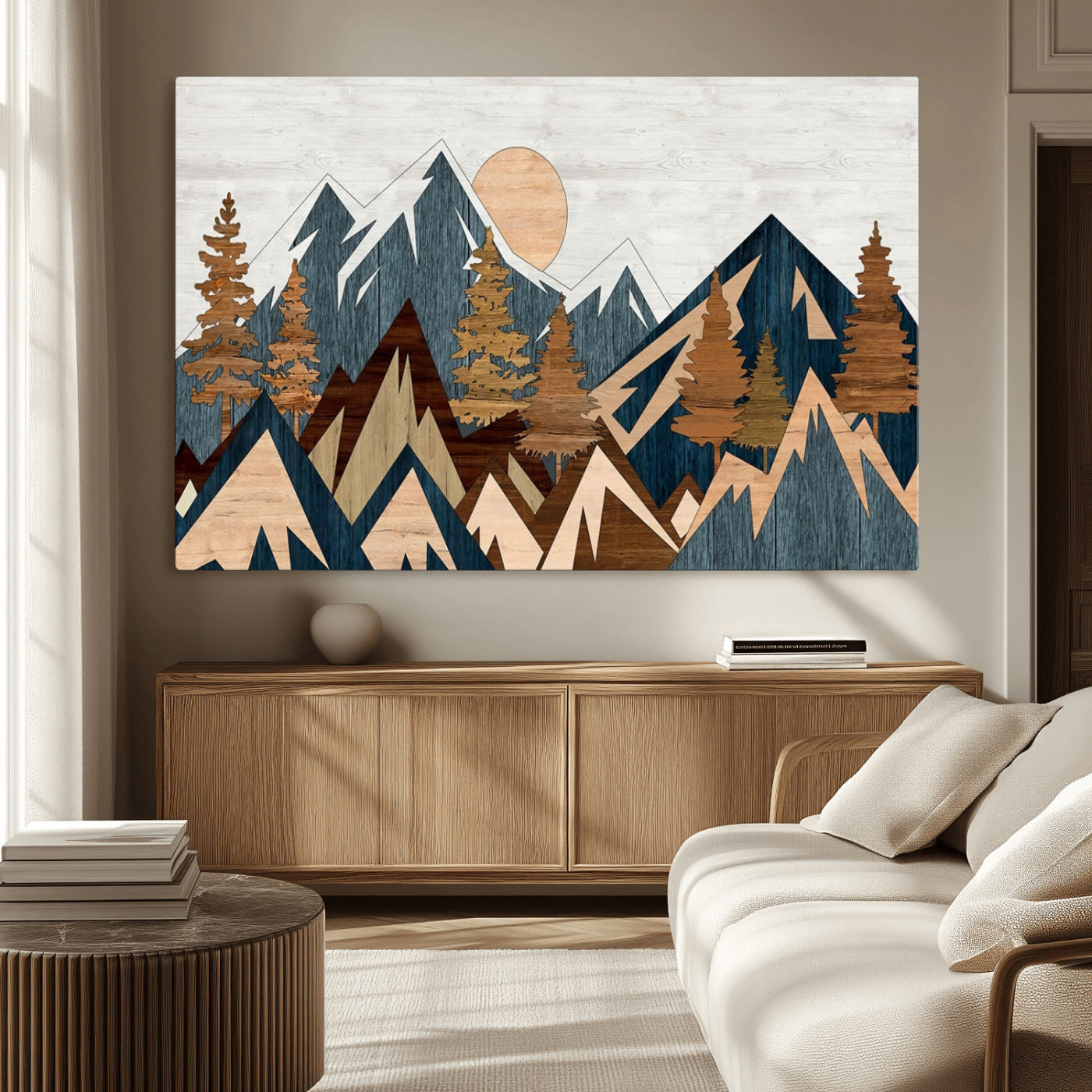 91467-MGV-CV-36X24-Abstract Wood Panel Effect Mountain Range Top Wall Art Canvas Print