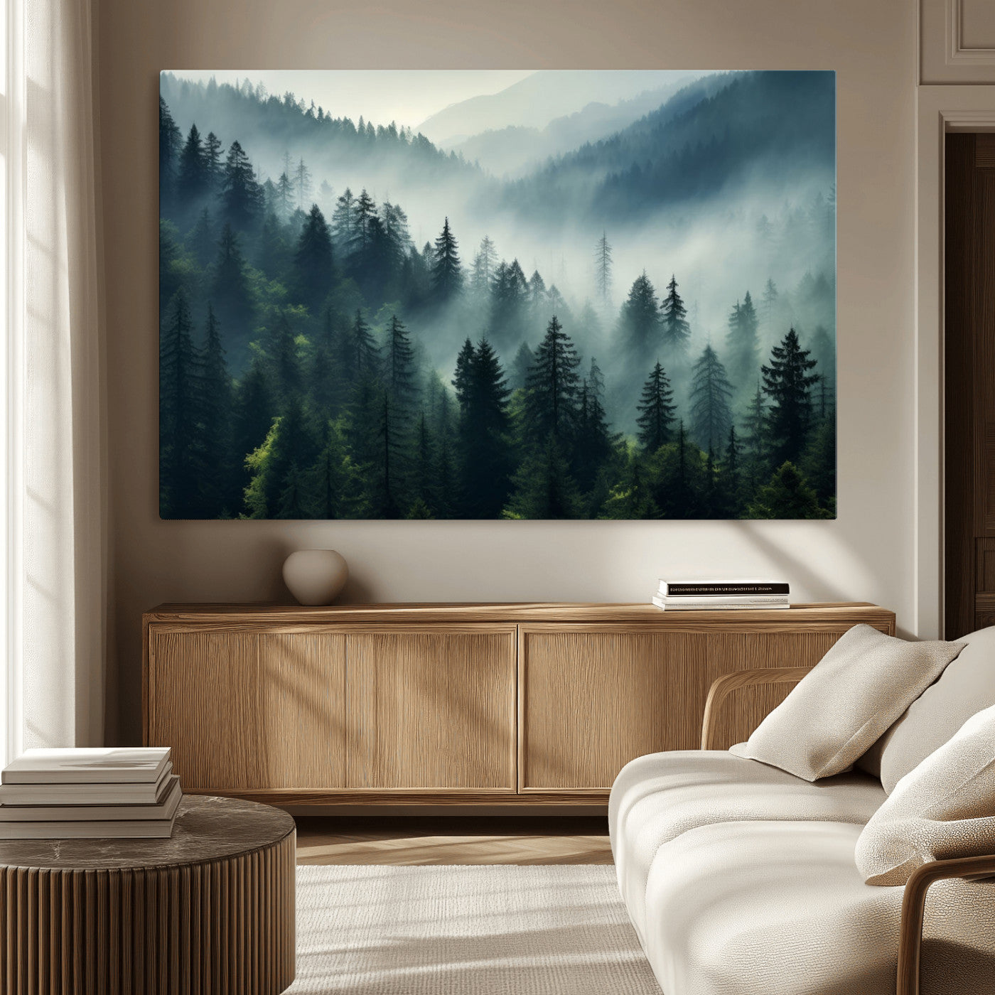 -Captivating Misty Forest Wall Art Premium Canvas Print a Foggy and Serene Atmosphere Art