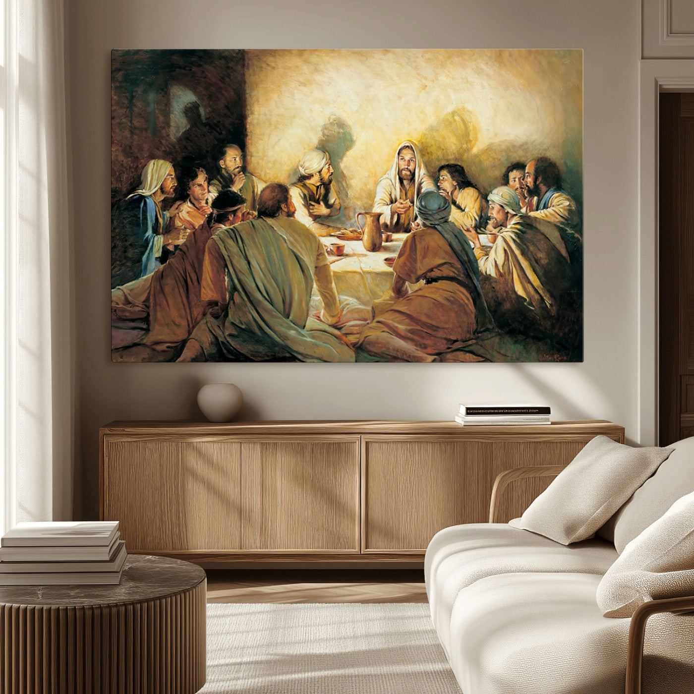 Framed canvas print of the Last Supper, depicting Jesus and his disciples, perfect for religious or Christian-themed home decor.