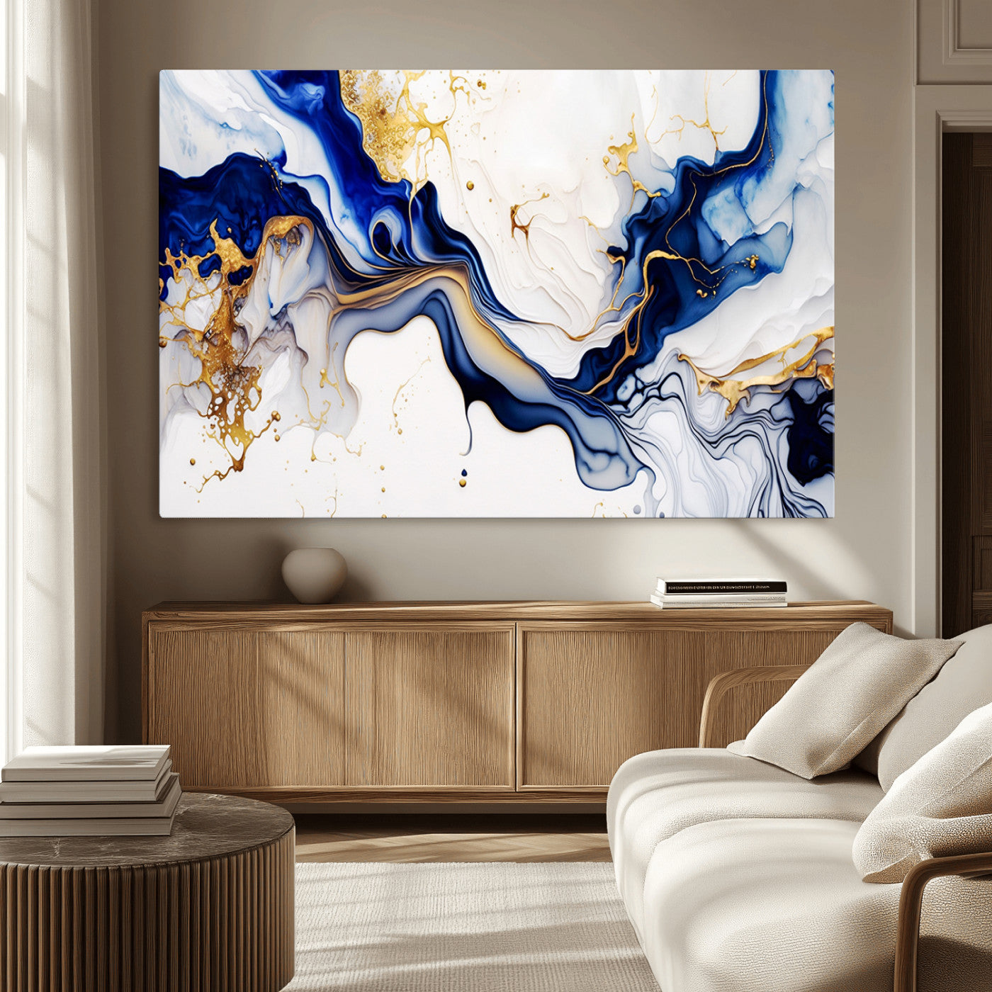 93392-MGV-CV-36X24-Golden Cascades on Midnight Blue – Deep Blue Abstract Wall Art Flowing Elegance | Wall Art Canvas,