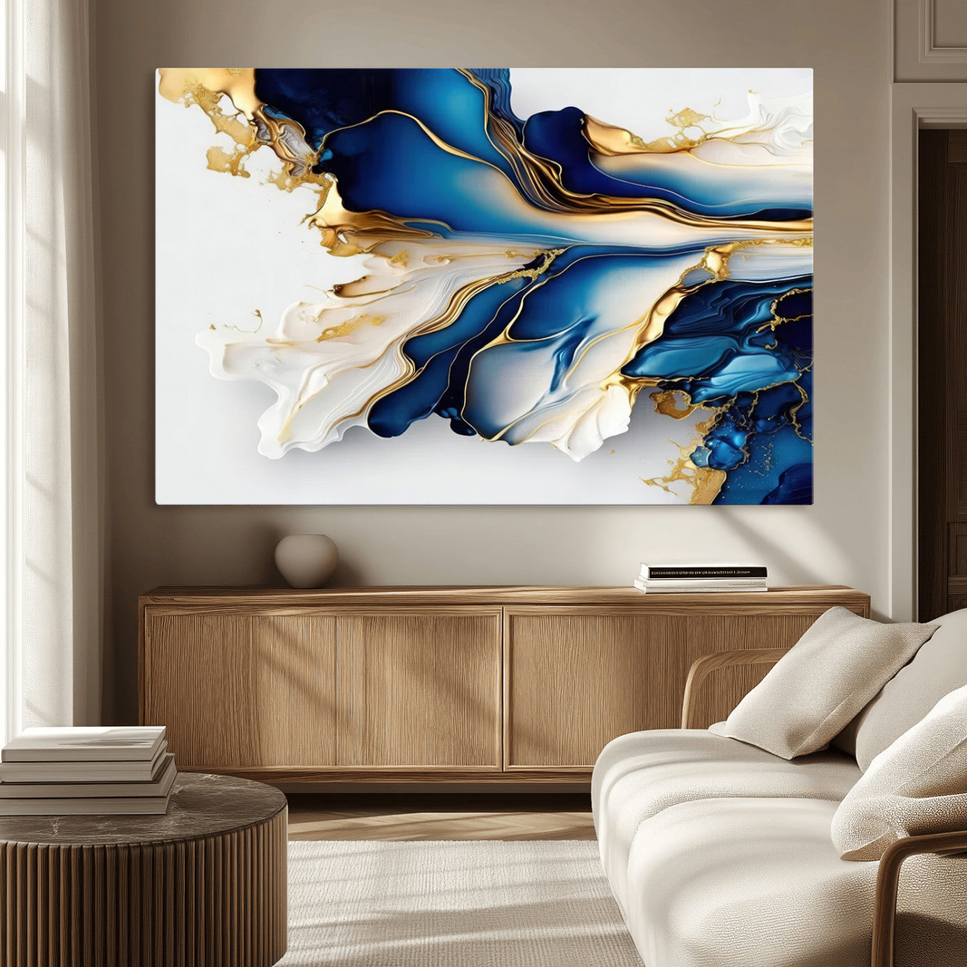 65693-MGV-CV-36X24-Gold Marble Art - Abstract Geode Gold And Blue Marble Shape 3 Pieces Wall Art Canvas Print