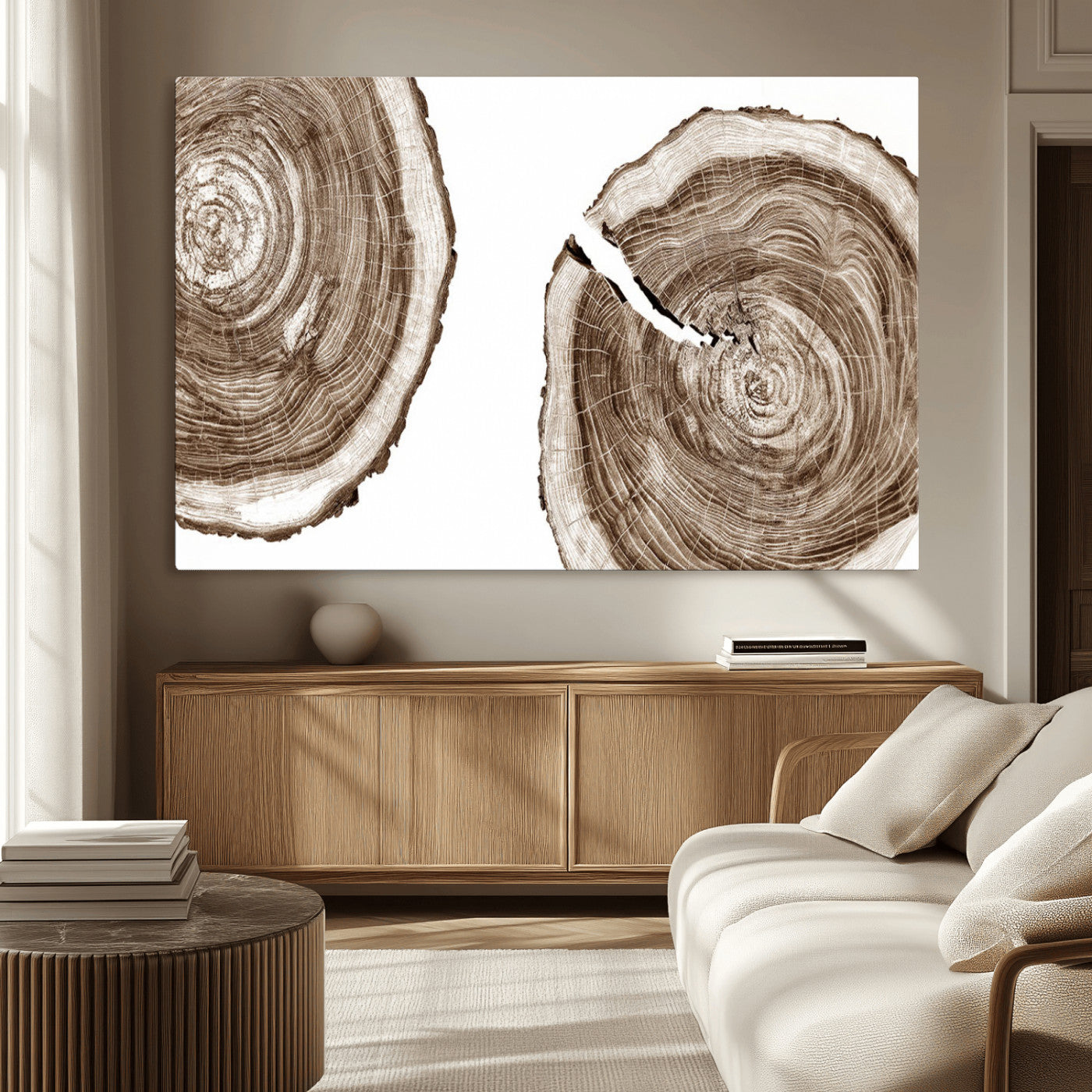 43743-MGV-CV-36X24-Wood Tree Ring Wall Art Canvas Prints, Tree Rings – Minimalist Black and White Wood Art | Triptych