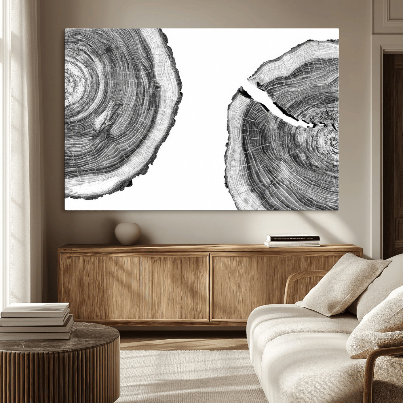 52770-MGV-CV-36X24-Abstract Large Tree Rings – Minimalist Black and White Wood Art | Triptych Canvas, Modern Wall Decor