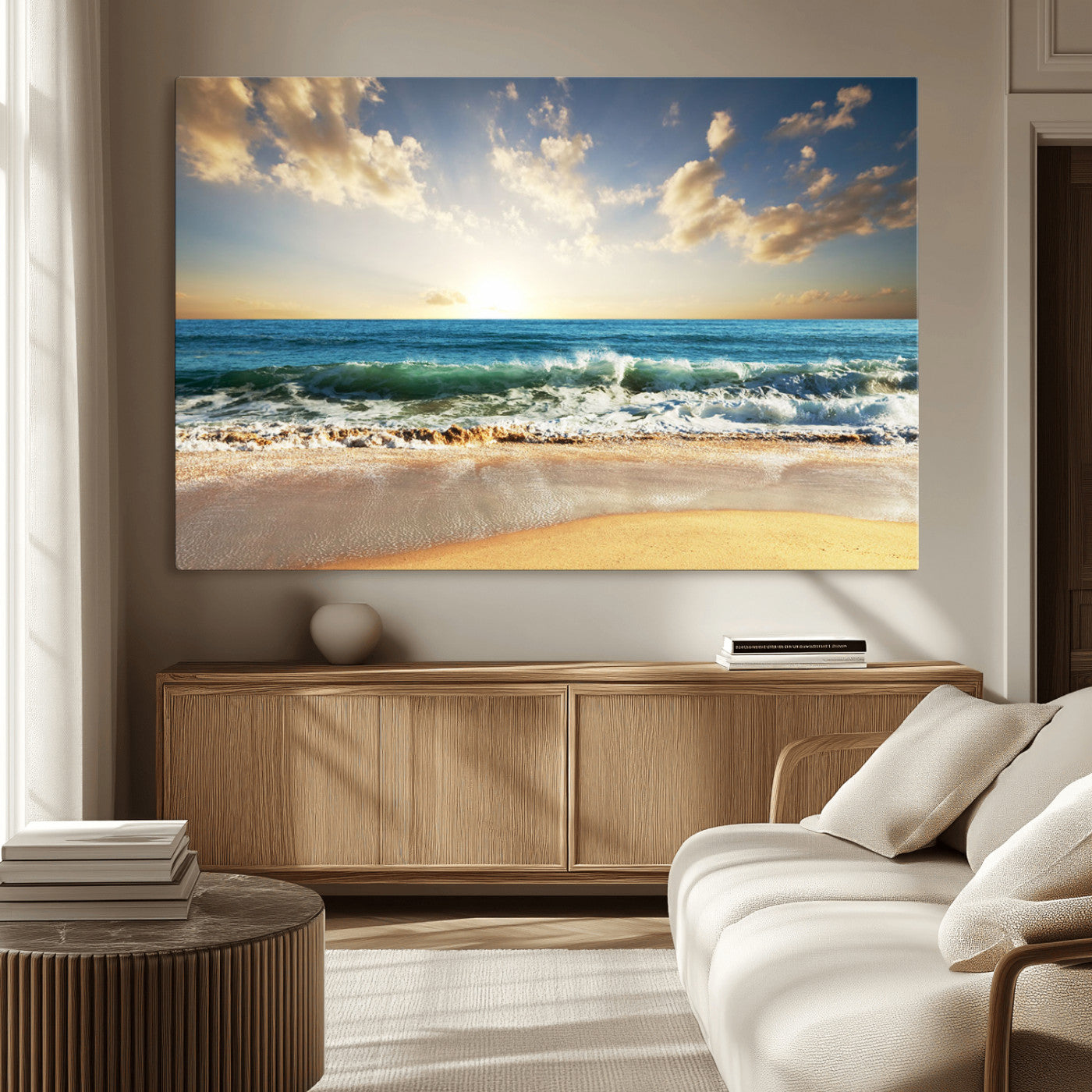 83376-MGV-CV-36X24-Golden Sunset Beach Triptych Canvas Wall Art for Living Room – 3-Panel Ocean View, Framed & Ready to
