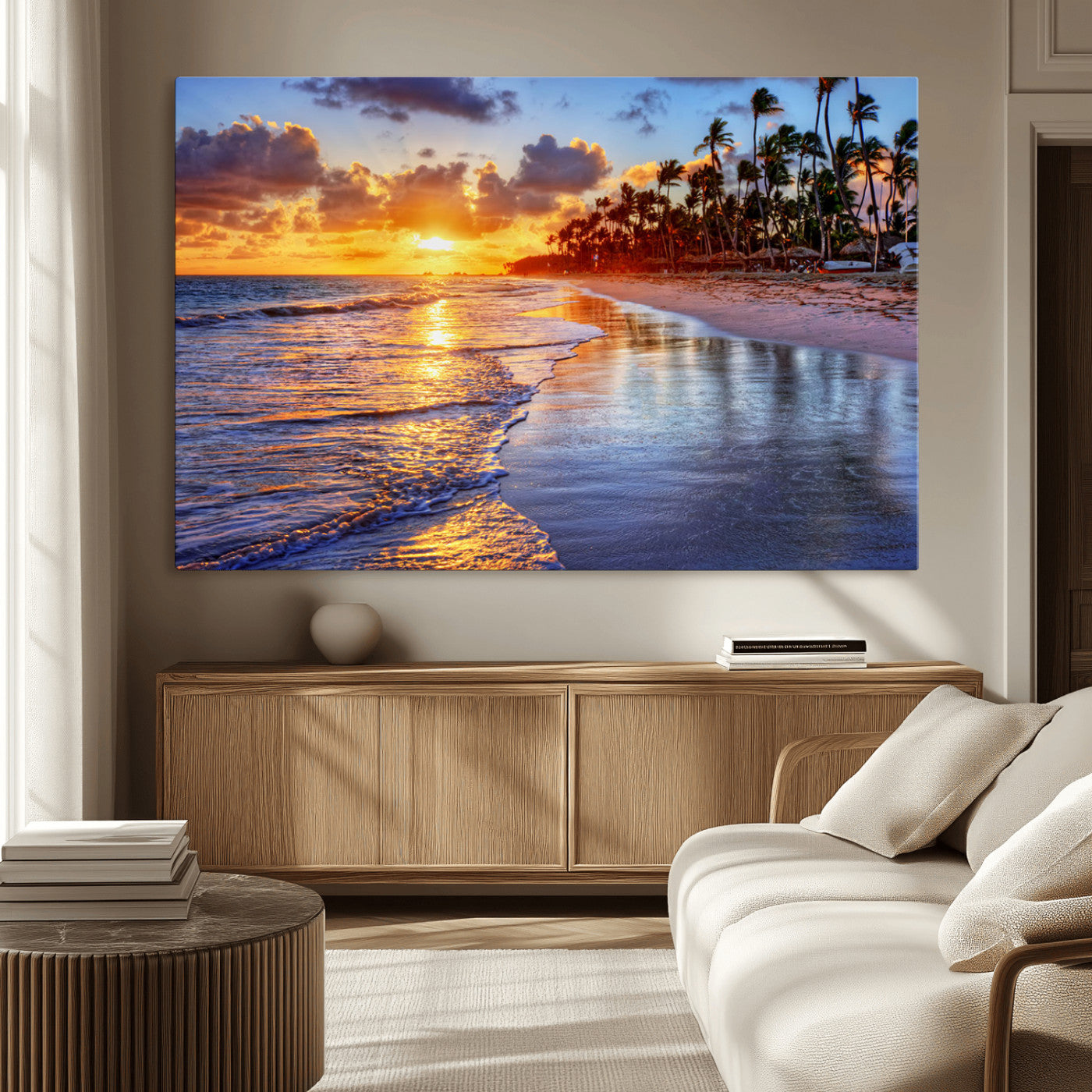 32177-MGV-CV-36X24-Serene Beach Sunset Wall Art Canvas- Coastal Seascape Print for Living Room or Bedroom, Ocean Waves