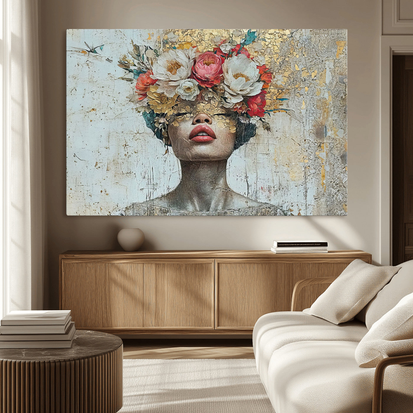 26919-MGV-CV-36X24-Golden Petal Wall Art Canvas Print - Silhouette Woman Wall Art Canvas Print, Floral Woman Portrait