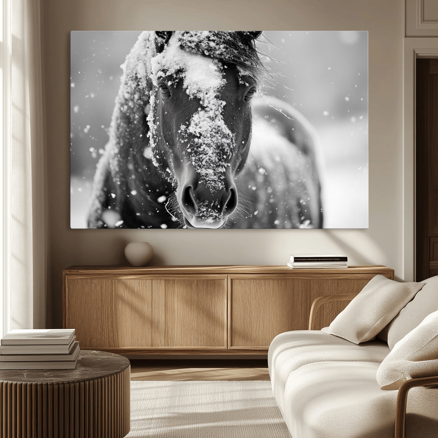 -Black and White Horse Winter Wall Art | Ready to Hang and Framed | Farmhouse Wall Decor | Western