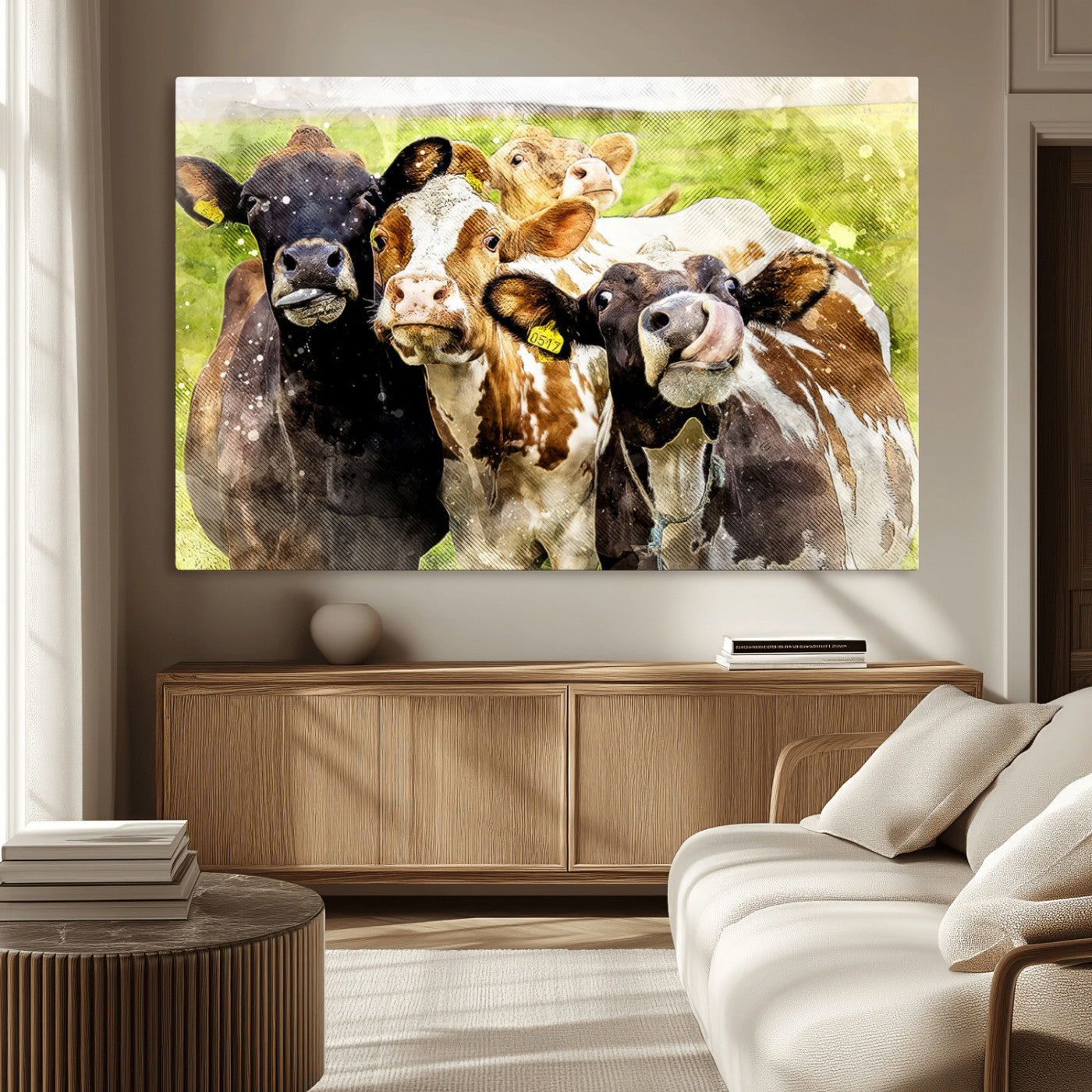 62642-MGV-CV-36X24-Curious Cows Farmhouse Wall Art | Ready to Hang and Framed Canvas Print | Rustic Farm Decor