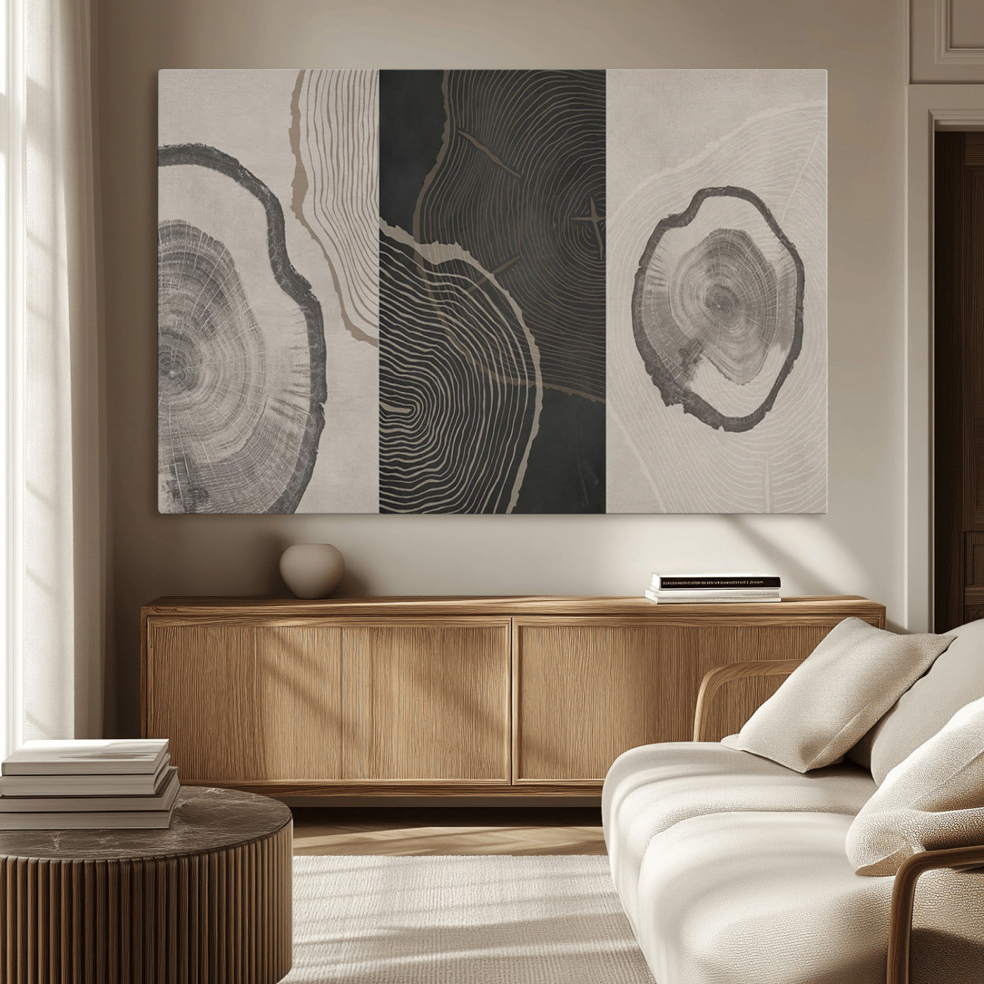 25407-MGV-CV-36X24-Modern Abstract Tree Ring Canvas Art Set | 3 Panel Large Tree Ring Design for Living Room, Office,